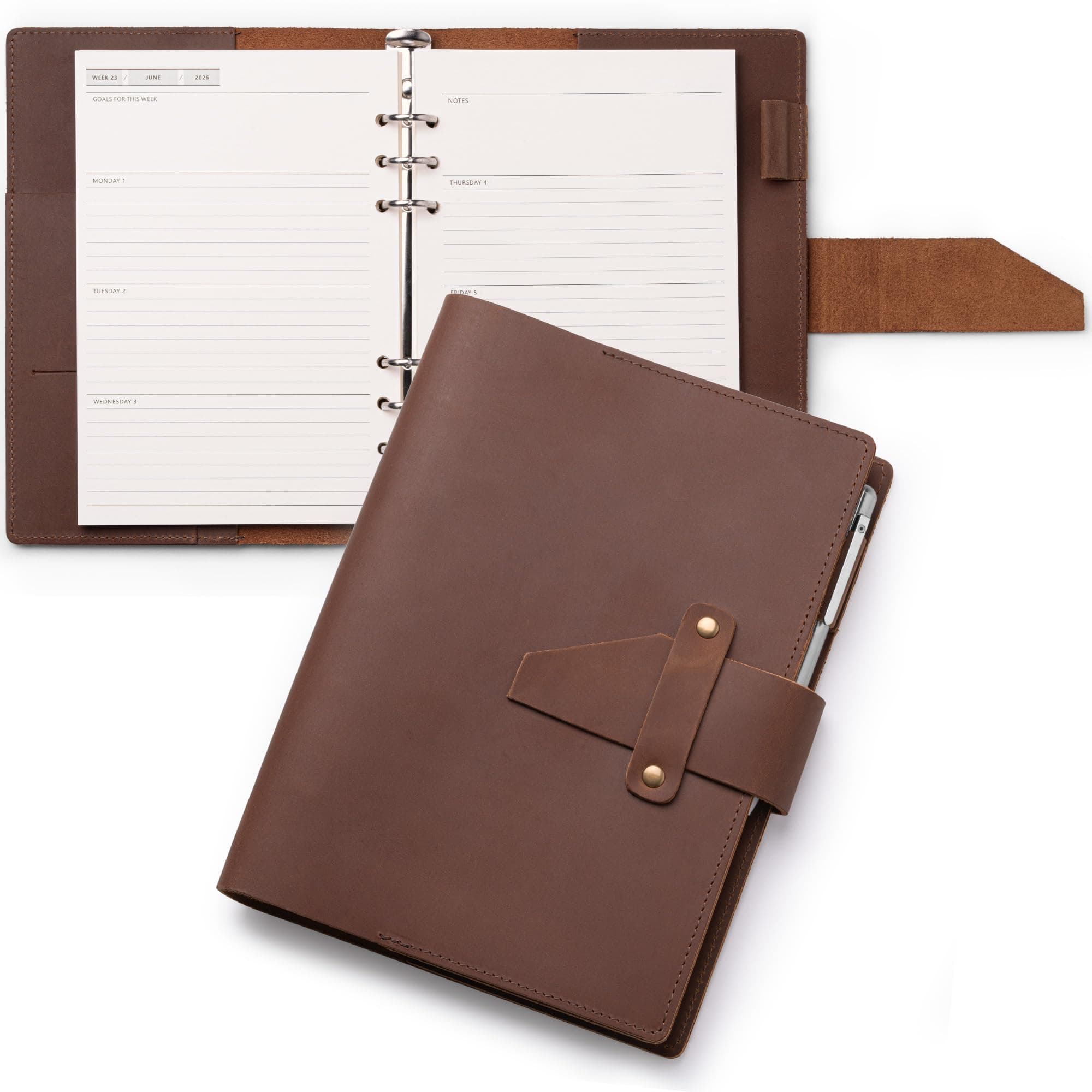 Leather Planner 2026, A5 Refillable Runs From January 2026 to June 2027 Ring Binder 5"x8" Planner Monthly Weekly, Crazy Horse Leather Cover with Storage Pockets, Back to School Supplies
