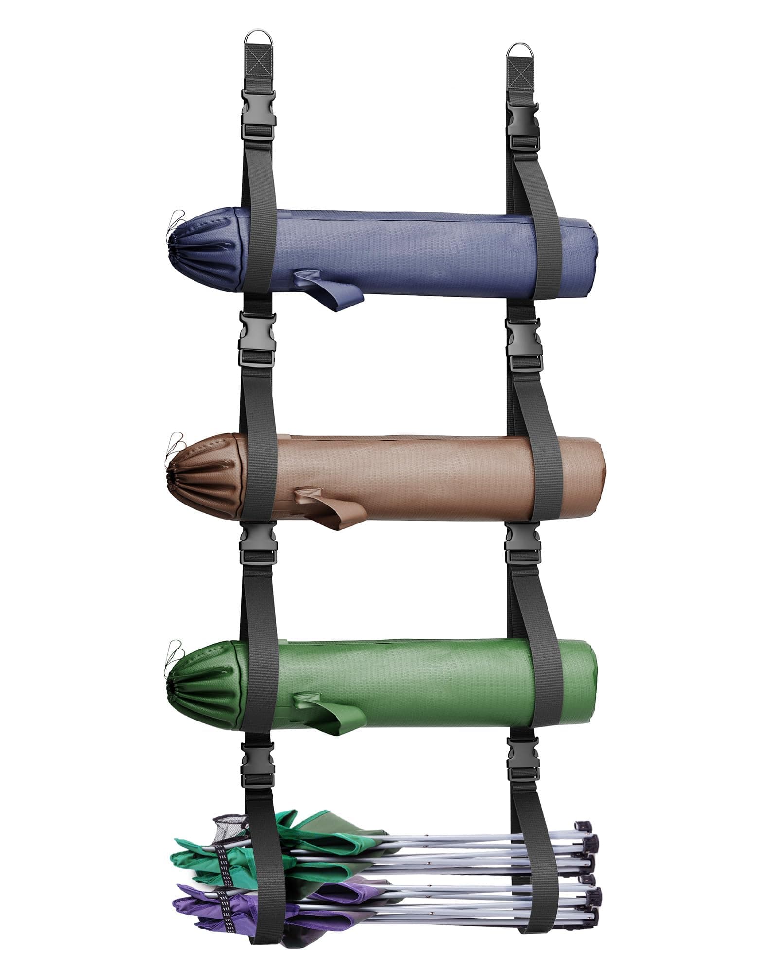 BS-VOG Camping Chair Wall Storage, Wall Mounted Wider and Adjustable Straps with Quick Release Buckles, Hanging Organizer Storage System Rack Holds More Lawn Chairs, Tents, Umbrellas for Garage
