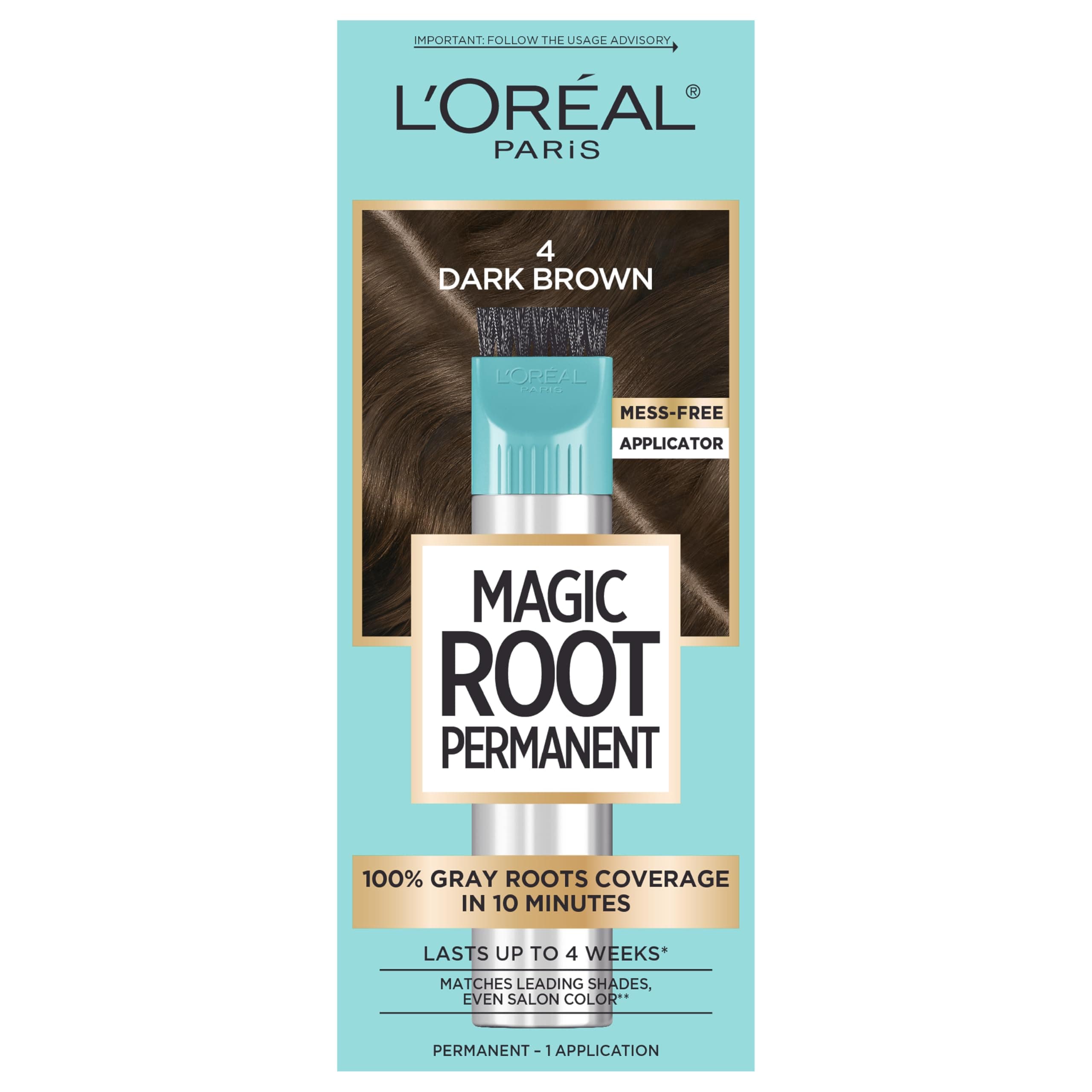 Magic Root Rescue 10 Minute Root Hair Coloring Kit, Permanent Color with Quick Precision Applicator, 100 percent Gray Coverage, 4 Dark Brown, 1 kit (Packaging May Vary)