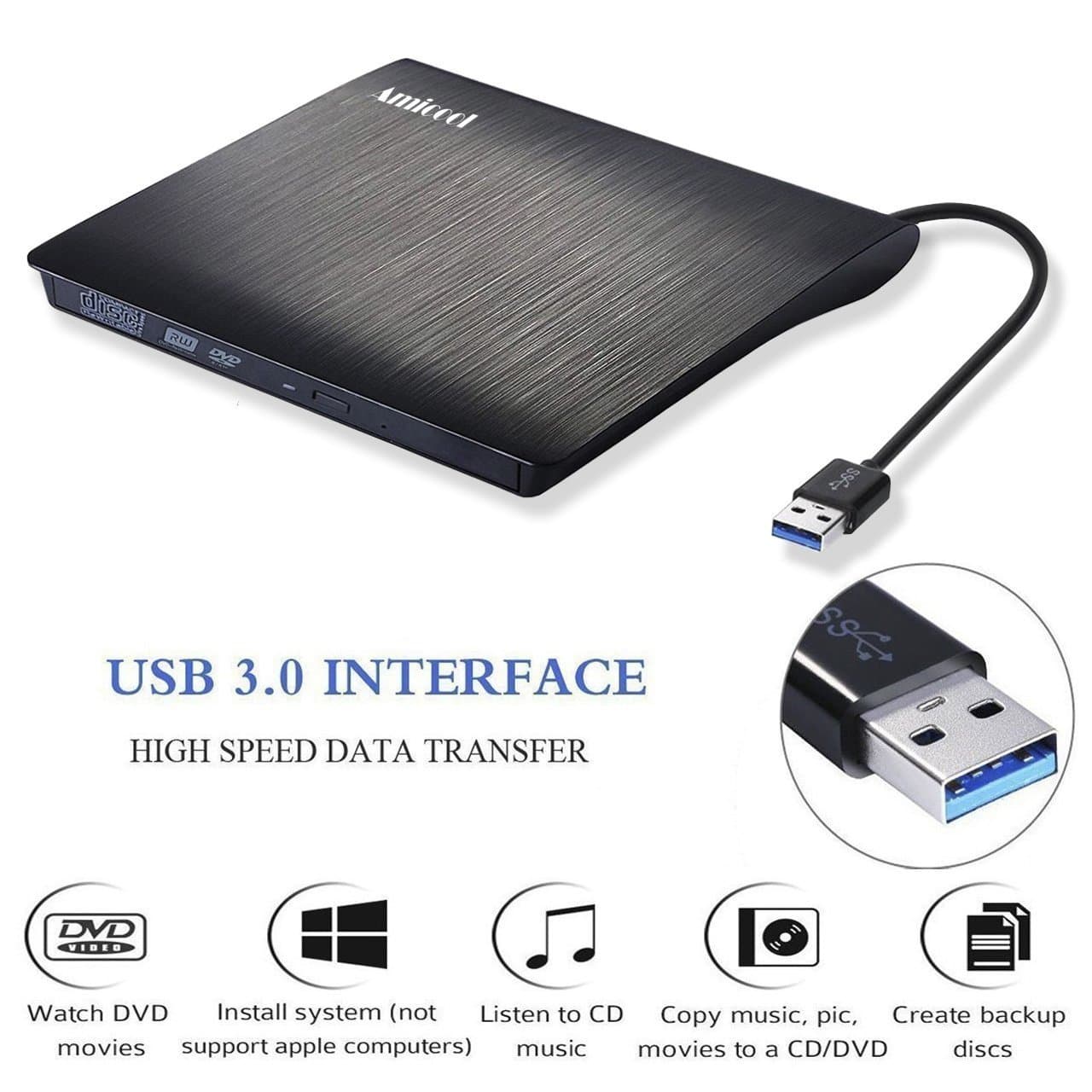 External CD Drive, Amicool USB 3.0 Portable CD DVD +/-RW Drive Slim DVD/CD ROM Rewriter Burner Writer, High Speed Data Transfer for MacBook Pro Laptop/Desktops Win 7/8.1/10 and Linux OS