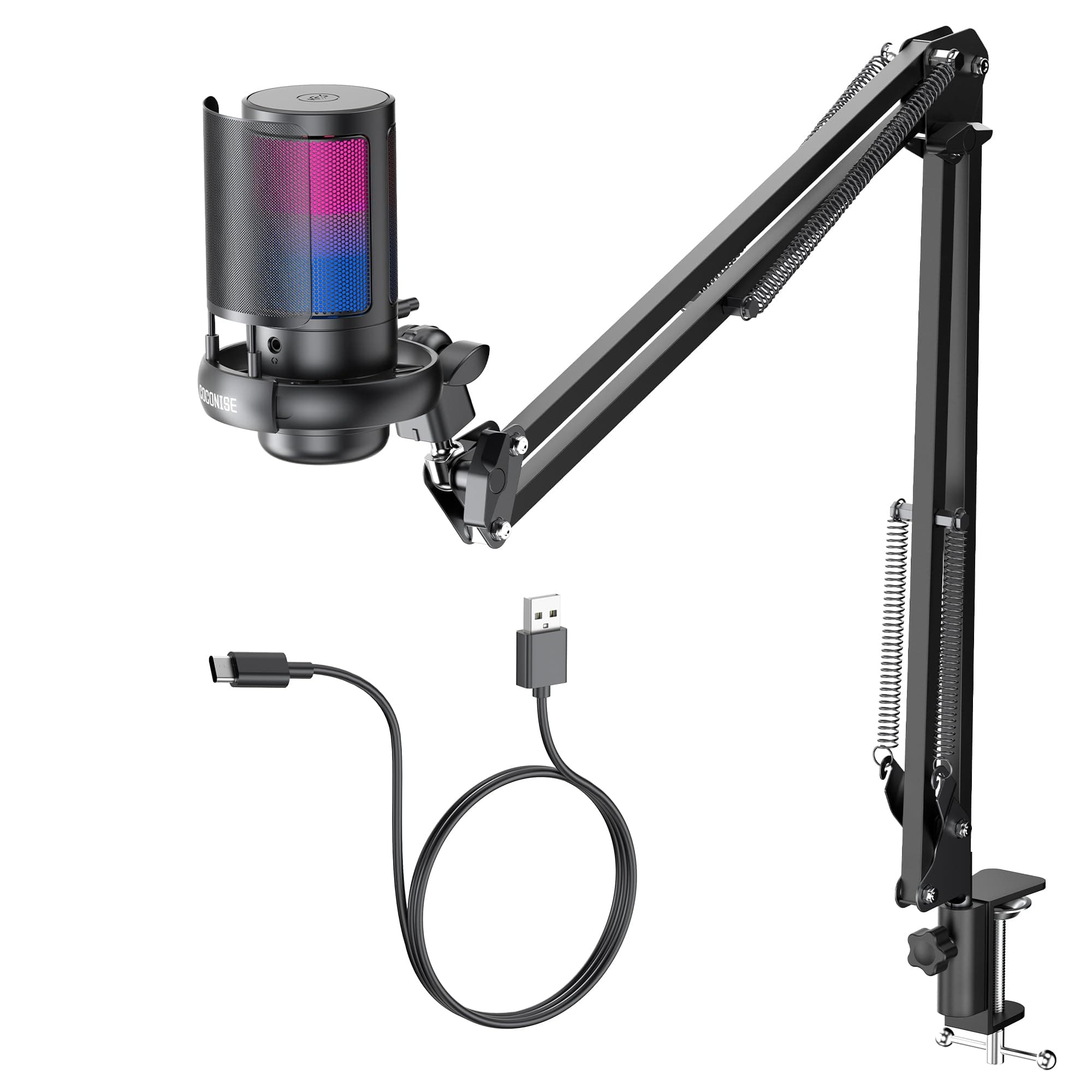 COCONISE Gaming Microphone, USB PC Mic for Podcasts Videos, Streaming, Condenser Mic with Quick Mute, Tripod Stand, Pop Filter, RGB Indicator, Shock Mount, Rotate gain button, Compatible with PS4/5/PC