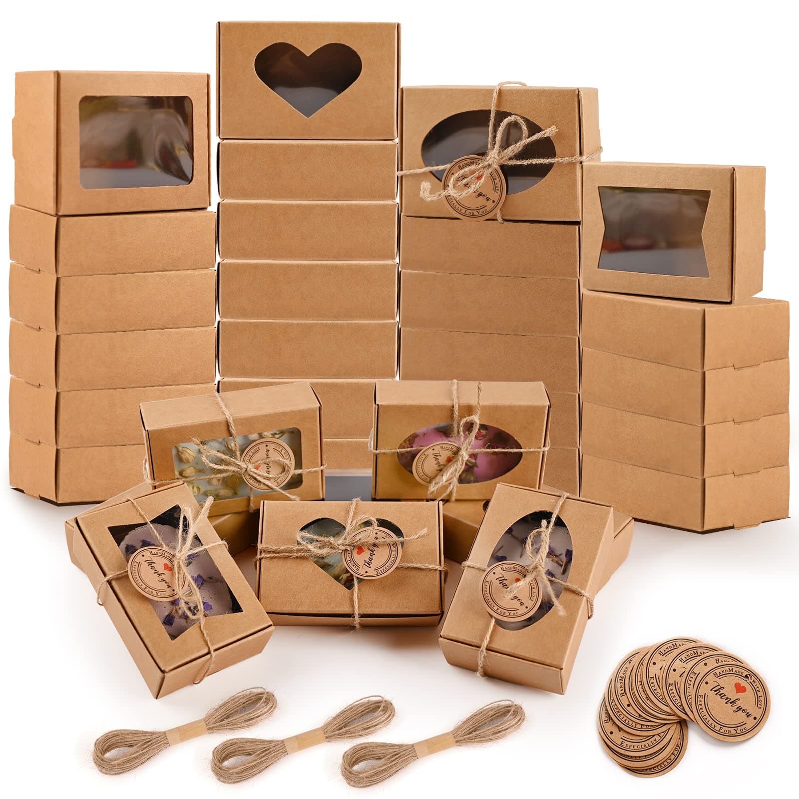 Moukiween 32 Pcs Soap Boxes for Homemade Soap,3.54 X 2.36 X 1.2 Inch Soap Boxes with Window ,Kraft Soap Packaging Boxes Supplies