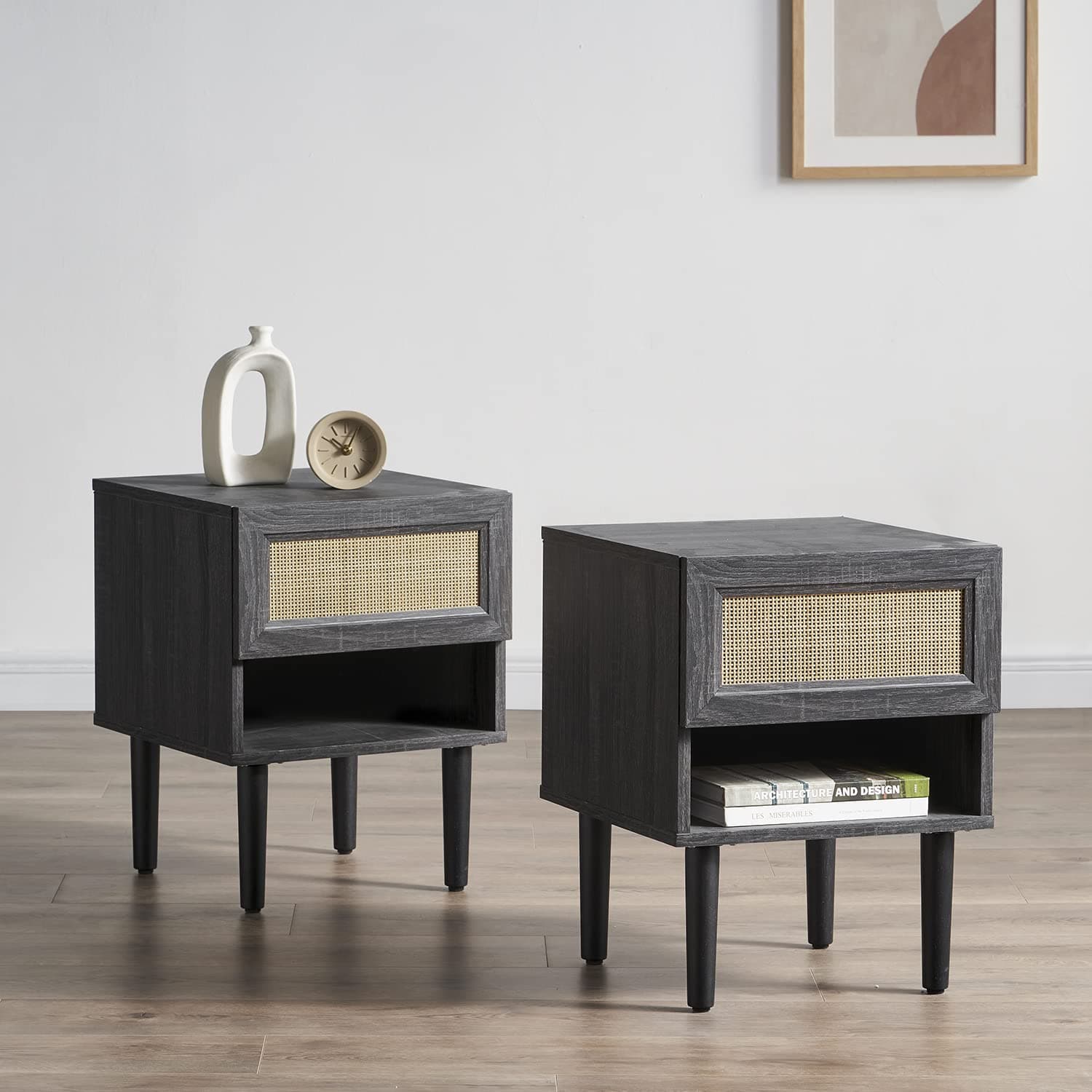 mopio Haylee Night Stand, Side Table, End Table, Boho Farmhouse Modern Bedside Tables with Storage, Small Nightstand with Drawers, for Living Room, Bedroom (Charcoal, Set of 2)