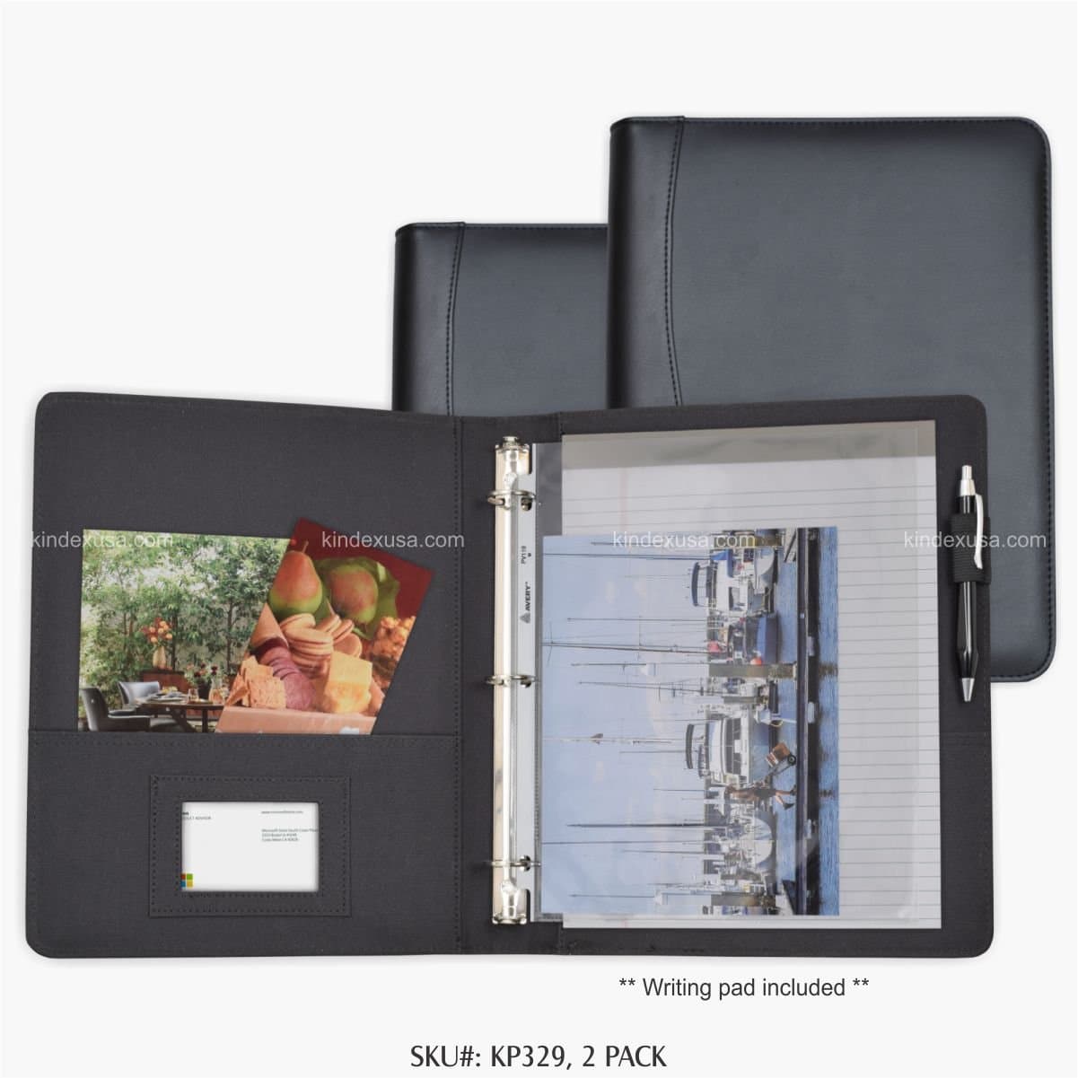 Letter Size, Organizer, Portfolio, Writing pad Folder, 1 inch 3-Ring Binder, Leatherette/Sibulated Leather/Vinly, Black, 2 Pack.