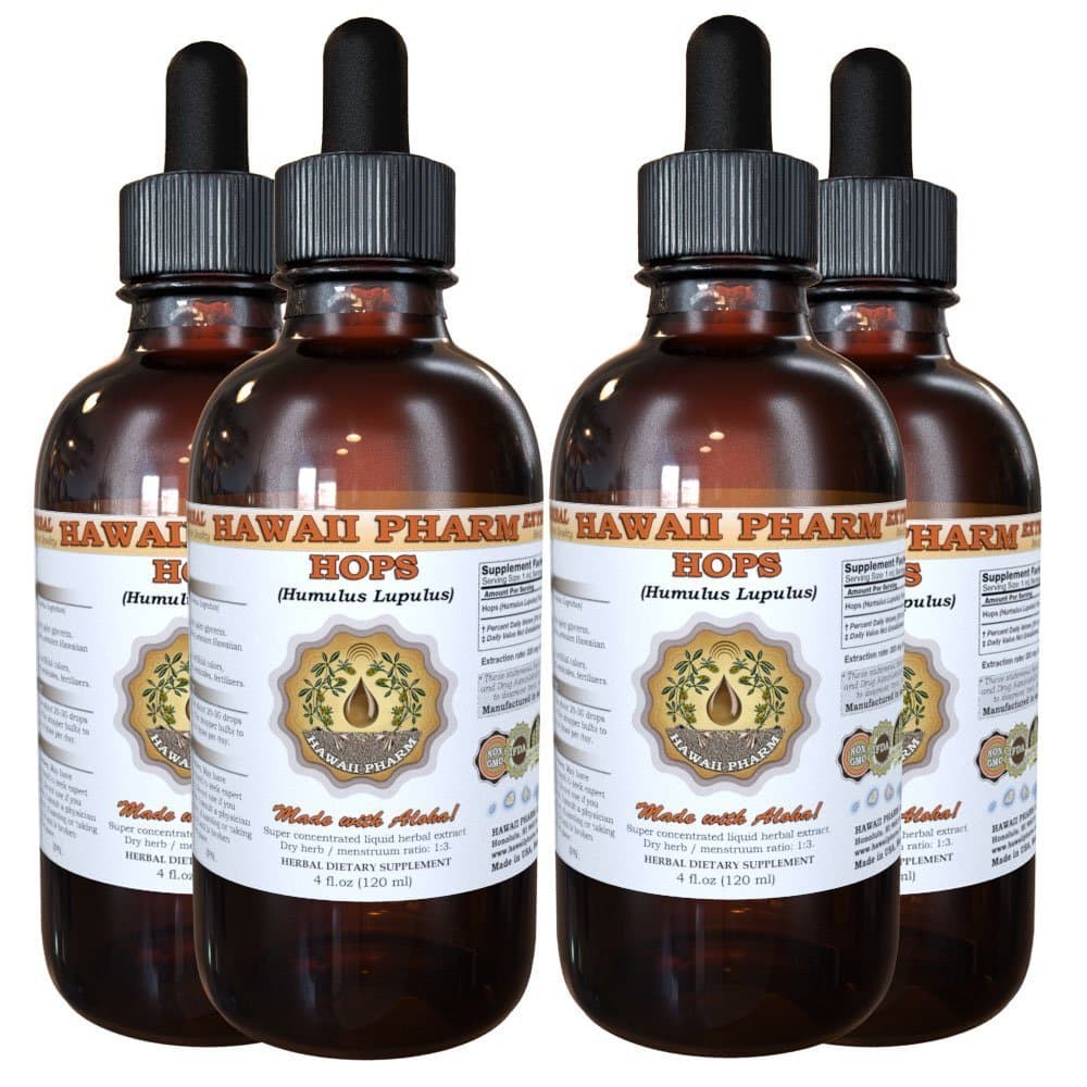 Hawaii Pharm Hops Liquid Extract, Hops (Humulus Lupulus) Tincture Supplement 4x4 oz