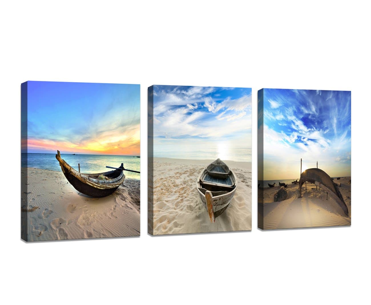 Wall Art Framed Modern Small Boat Canvas Prints Artwork Landscape Sea Beach Blue Sky Pictures Paintings on Canvas for Home Decorations