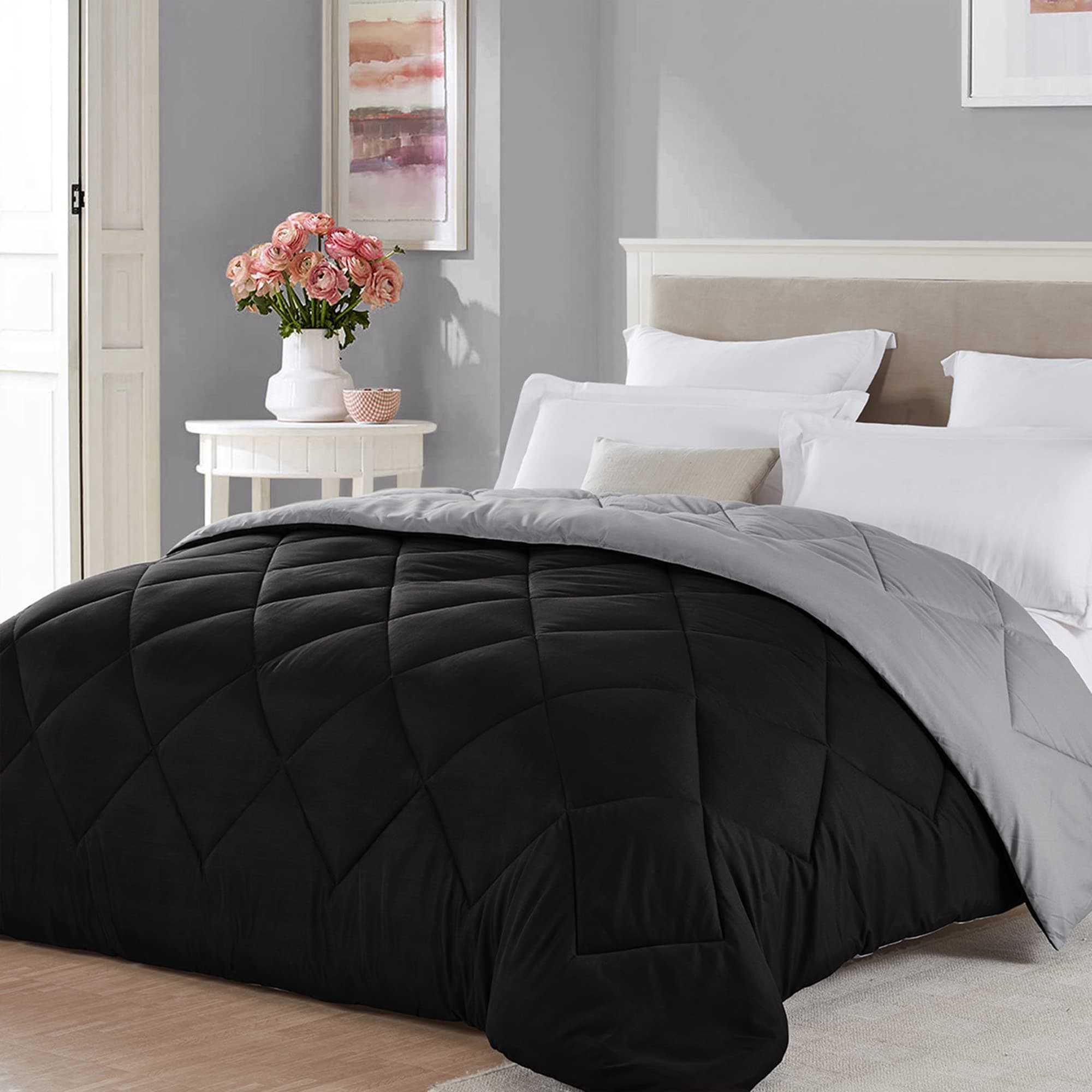 Full Queen Size Black Grey Comforter Reversible Lightweight Boys Bedding Cooling Bedspread All Season Spring Blanket