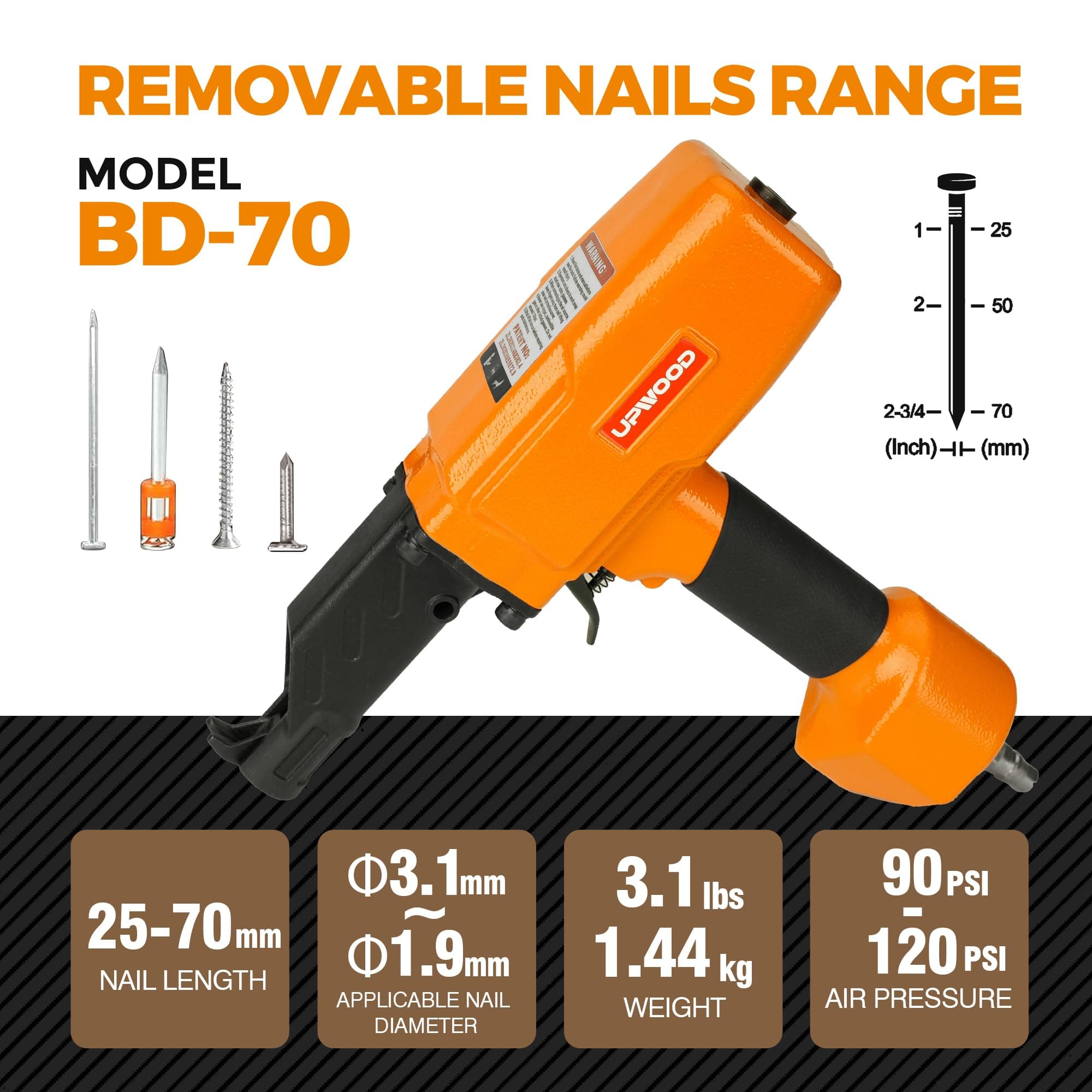 UPWOOD Professional Pneumatic Nail Puller BD70, Nail Pulling Gun, Nail Removal, Pneumatic Denailer Tool for Recycled Wood Fence Pallet (Ideal for Soft or Medium-Hard Woods)