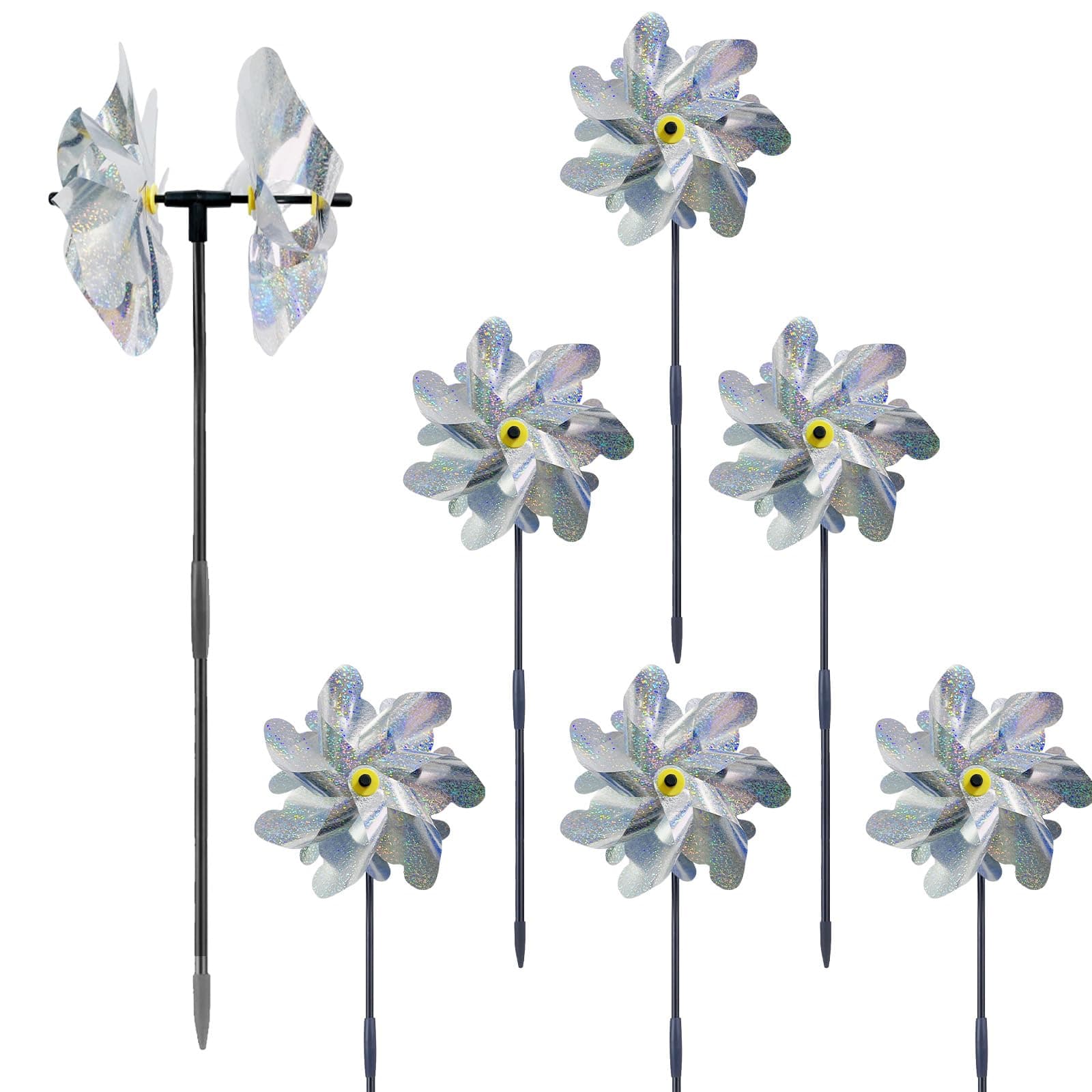 6 Pack 21 Inches Silver Reflective Dual Pinwheels with Stakes, Double-Head Windmill Wind Spinners Outdoor for Yard Garden Lawn Farm Decor Bird Repellent, Large Foil Pin Wheels for Animal Deterrent