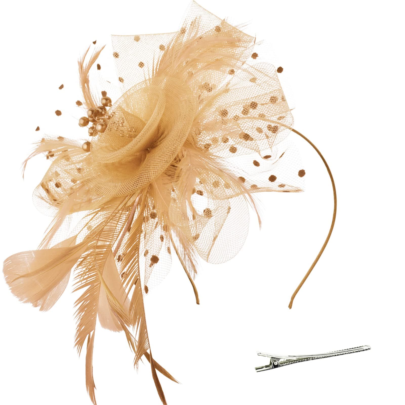 DRESHOW Fascinators Hat Flower Mesh Ribbons Feathers on a Headband and a Forked Clip Cocktail Tea Party Headwear for Girls and Women