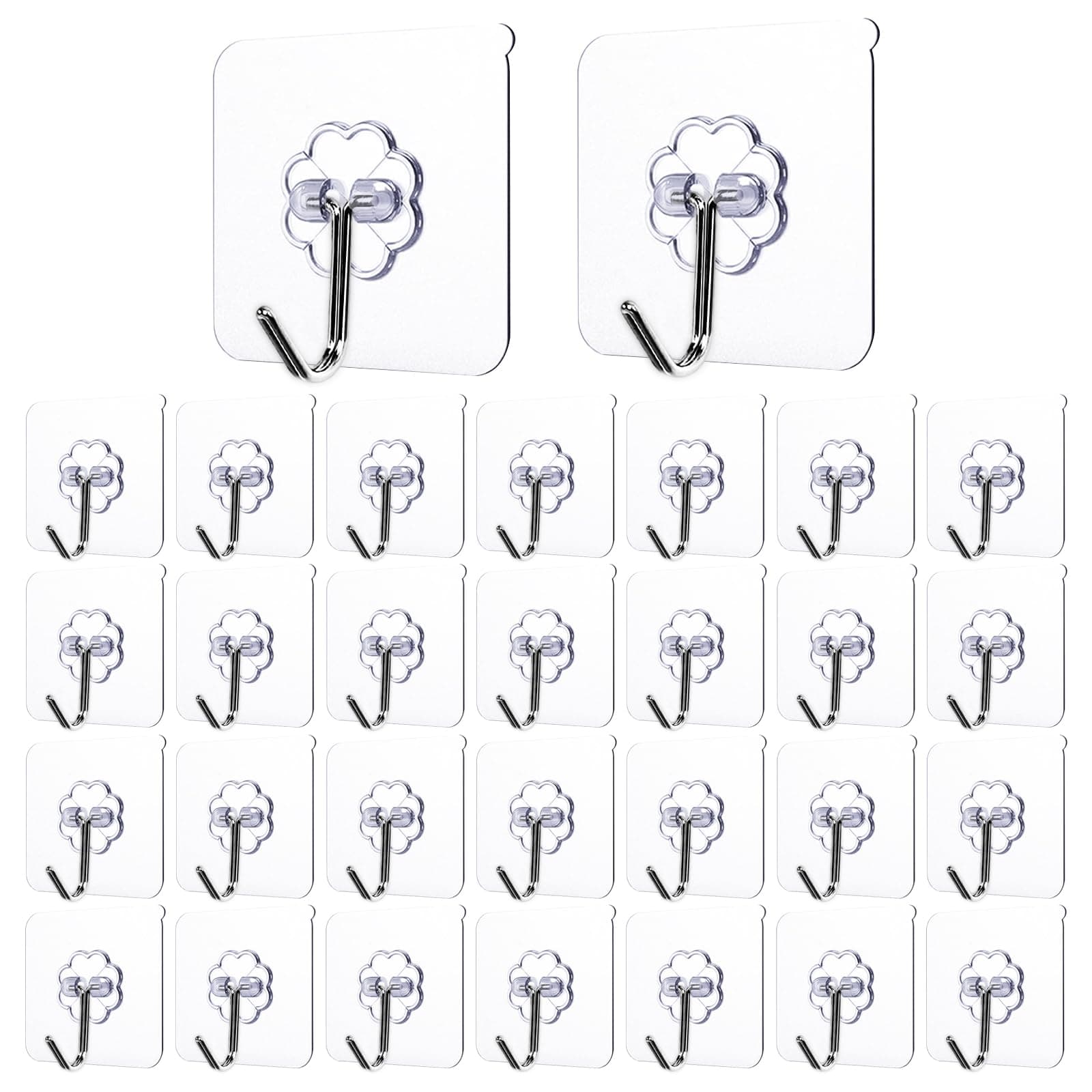 30-Pack Strong Adhesive Wall Hooks for Hanging Heavy Duty, Self Adhesive Towel Coat Hat Hook Bathroom Shower Organizer for Wall,Door,Closet Hanging Hooks, No Drilling (Transparent)