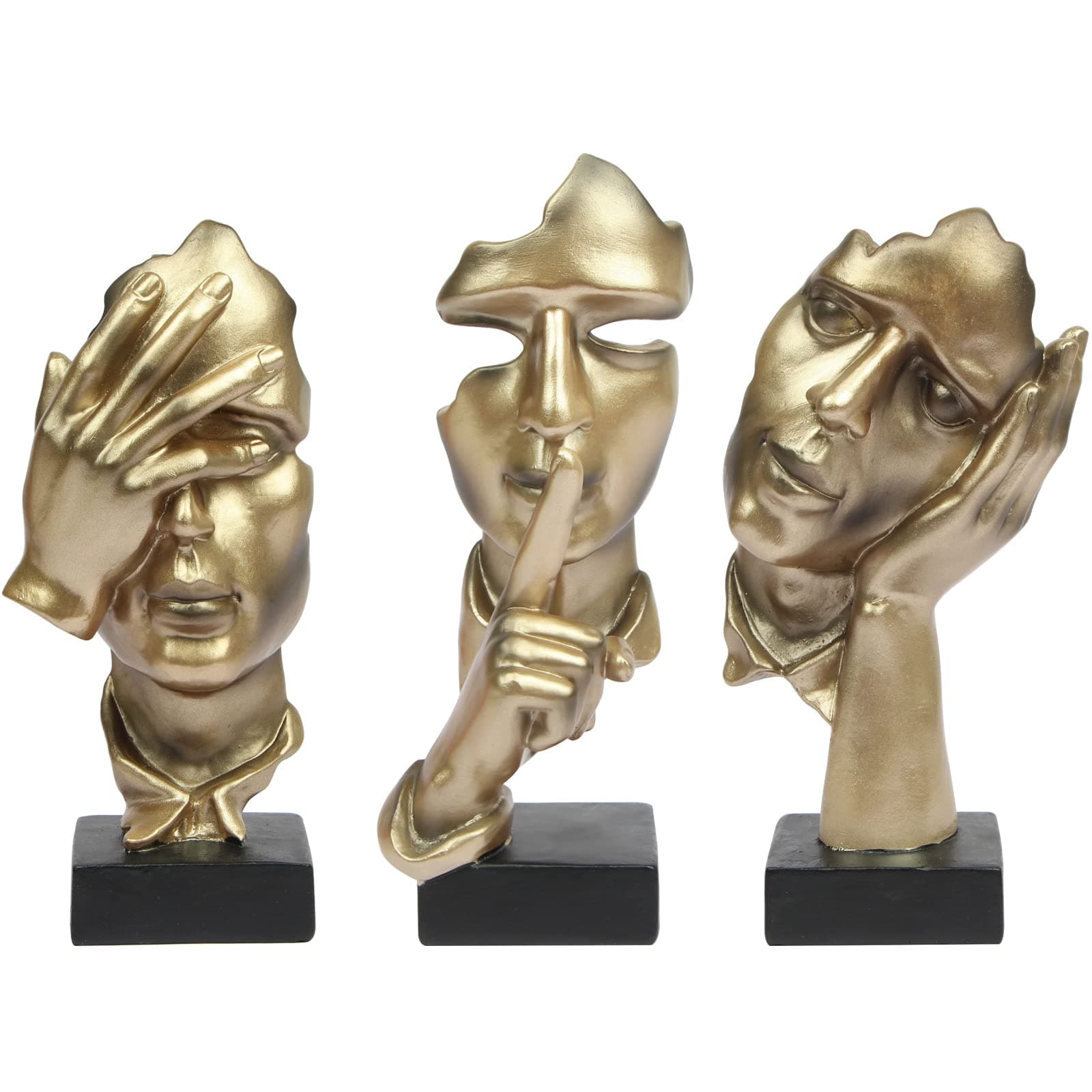 prosfalt 3 Pcs Thinker Statue, Silence is Gold Abstract Art Figurine, No Hear No See No Speak Modern Home Resin Sculptures Decorative Objects Decor for Home Office Bookshelf Desktop(Gold), A-41