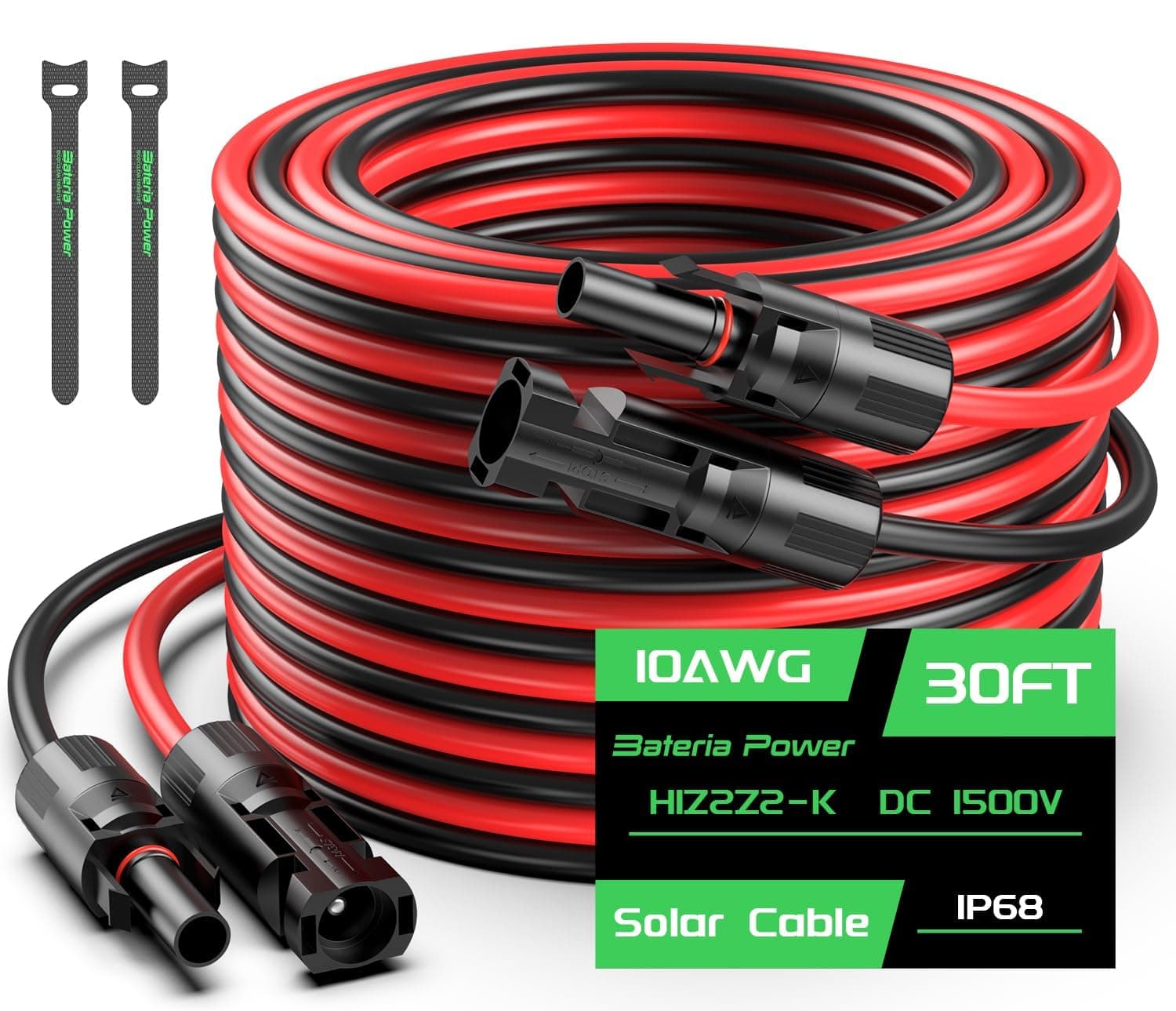 30FT 10AWG Solar Panel Extension Cable, Bateria Power 6mm² Solar Extension Cable Wire with Female & Male Waterproof Connectors for RV, Photovoltaic Systems