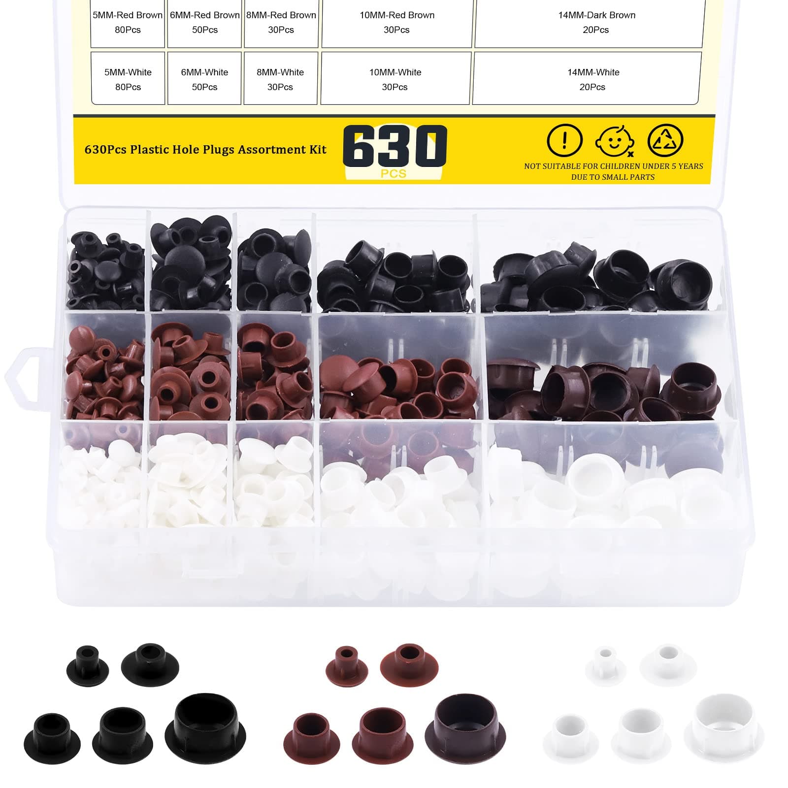 630 Pcs 5/6/8/10/14mm Plastic Hole Plug Button Top, Flush Type Panel Plugs Fastener Cover for Door Screw Chair Bookshelf Cabinet Cupboard Shelf Closet(White/Black/Brown)