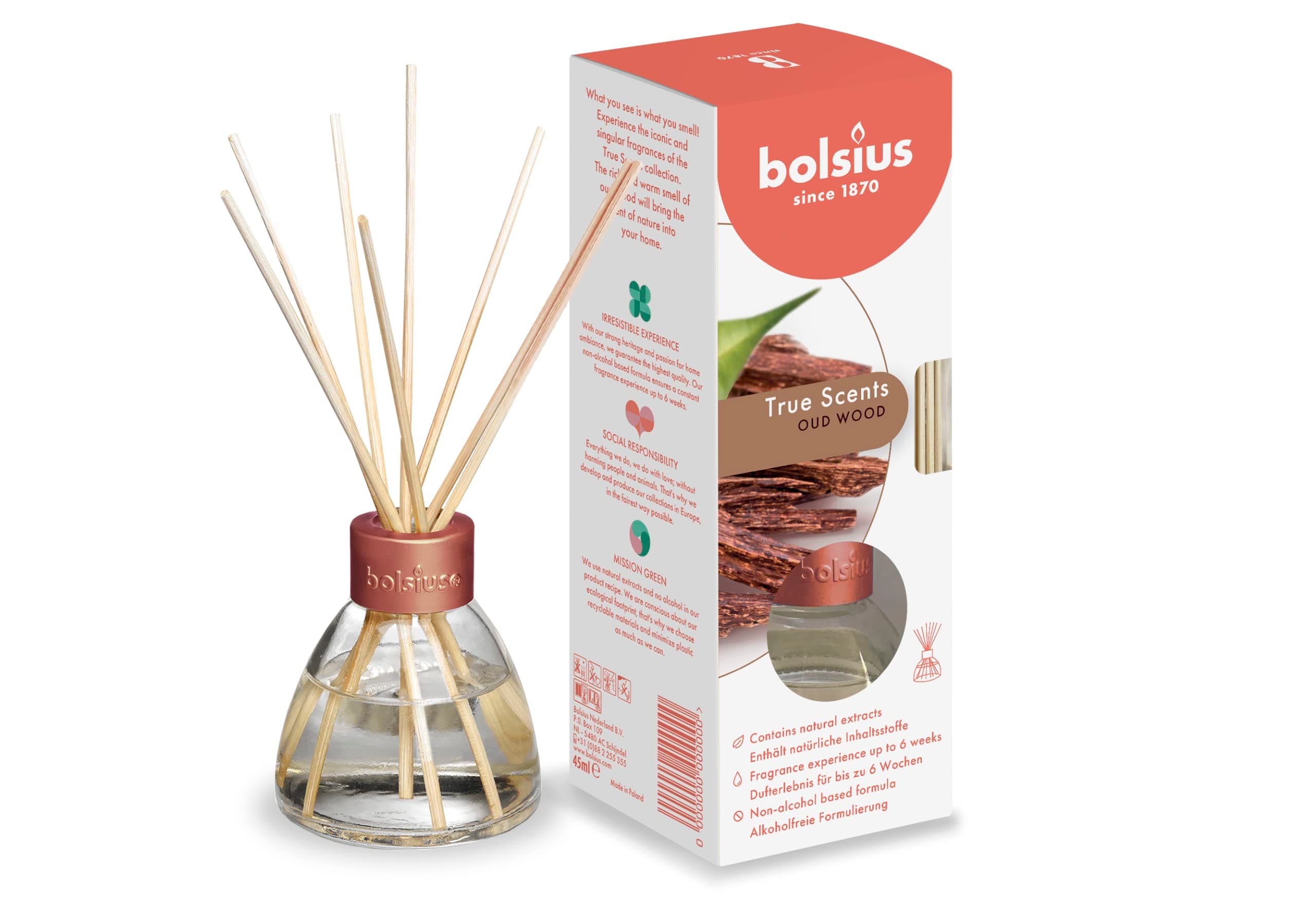 Bolsius Reed Diffuser - True Scents - Oud Wood - Lasts for up to 6 Weeks - Natural Extracts - No Alcohol Formula - Transparent - 45 ml
