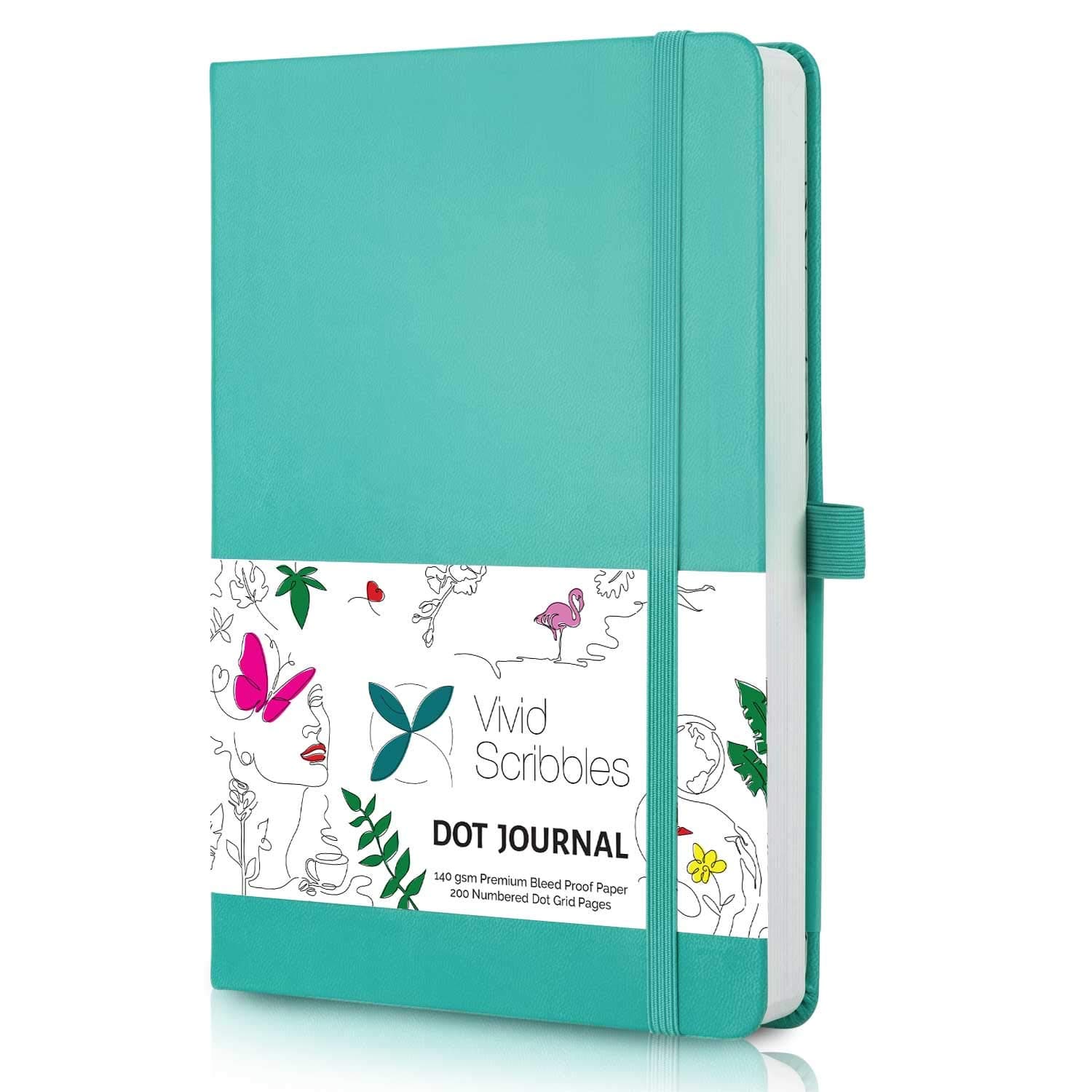 Vivid Scribbles Dotted Journal – 140gsm Bleed Proof Thick White Paper – 200 Numbered Dot Grid Notebook Pages – Lay Flat Binding a5 Dotted Notebook with 3 satin Bookmarks and Expandable Back Pocket