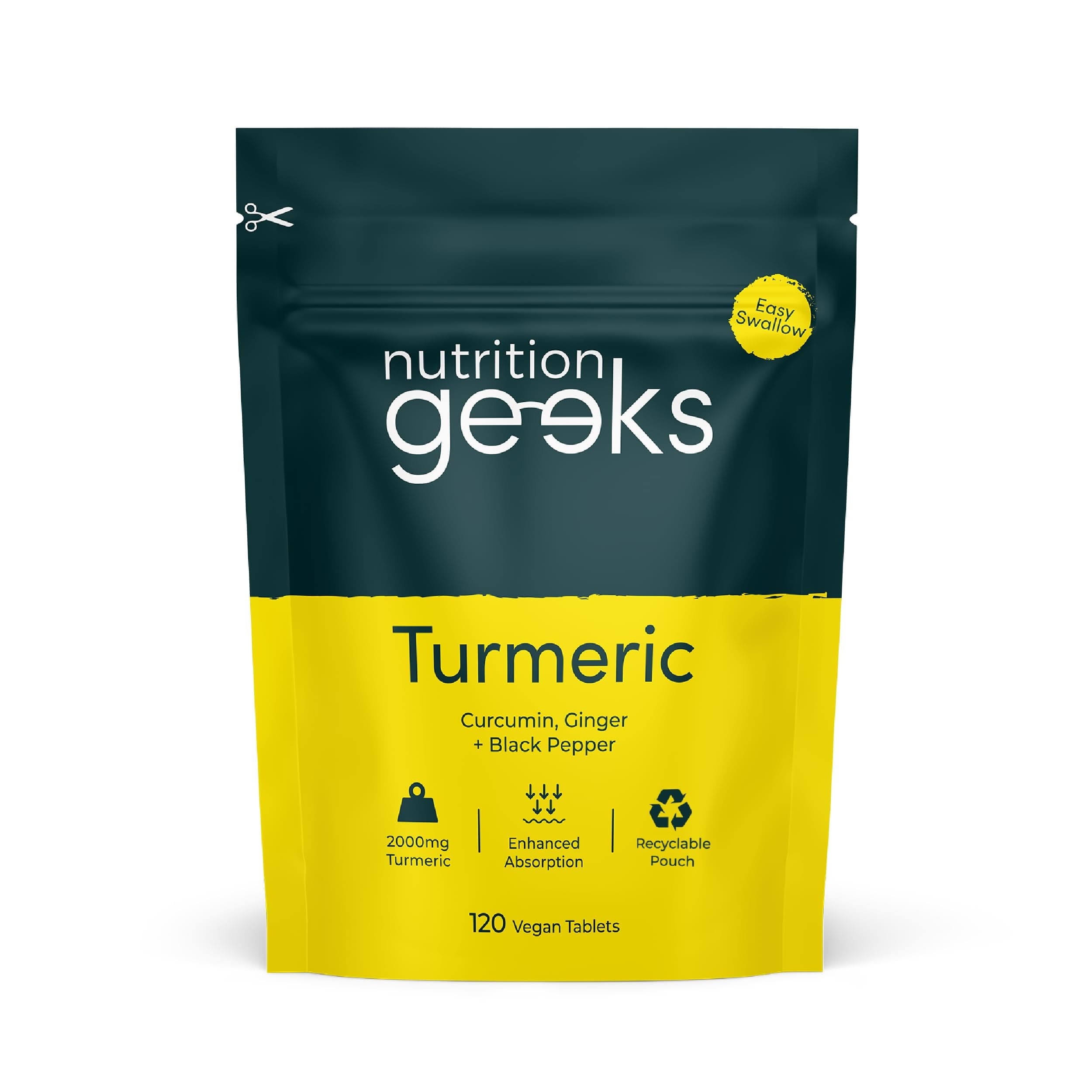 Turmeric Tablets 2000mg with Black Pepper & Ginger - 120 High Strength Curcumin Supplements - Easy Swallow Tablets (Not Turmeric Capsules or Powder) - Vegan - UK Made
