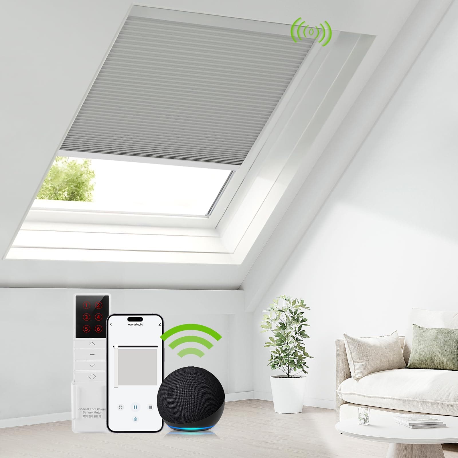 ZSTARR Motorized Skylight Shades Blackout Cellular Honeycomb Electric Blinds with Solar Panel Cordless Rechargeable with Remote for Roof and Slanted Windows (Blackout Earth Grey)