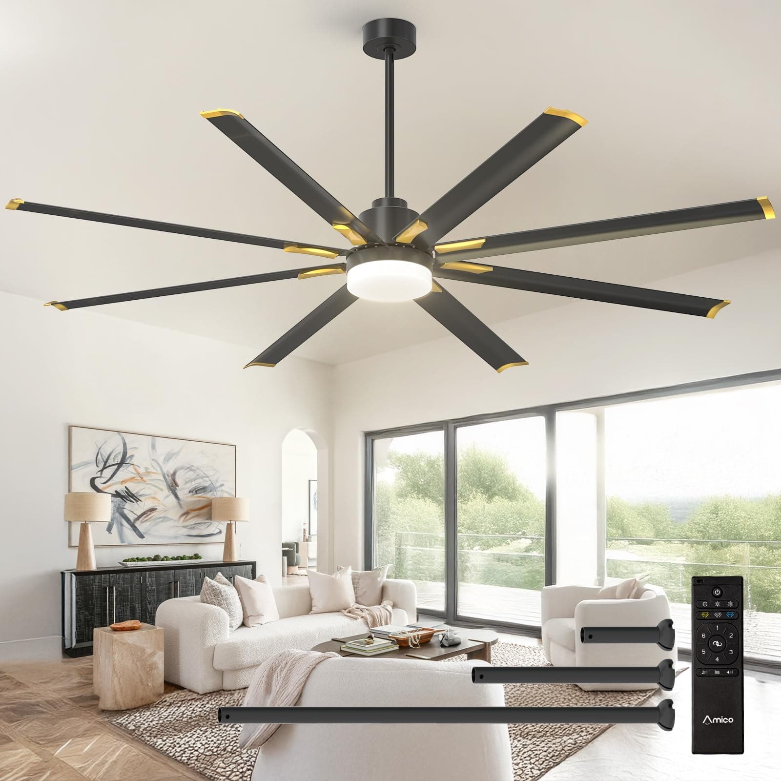 Amico - 84 inch ceiling fan with light, industrial large ceiling fan with silent DC motor, 8 aluminum reversible blades, 6 speed remote control, fans