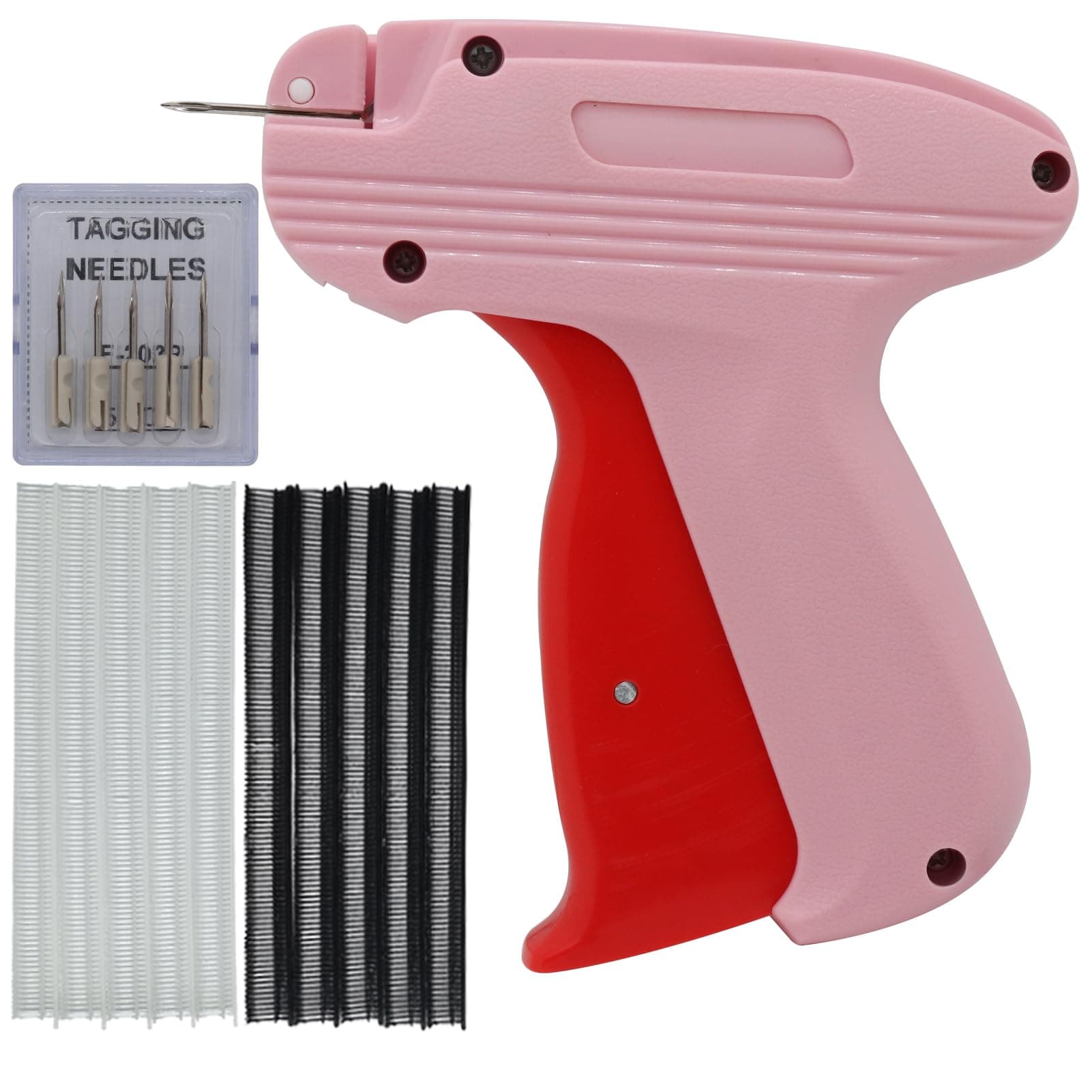 Quick Clothing Fixer, Mini Stitch Gun for Clothes, Mini Tagging Gun, Hemming Sewing Tool Kit with 6 Needles,500 Black & 500 White 5mm Mini Fasteners (Pink)