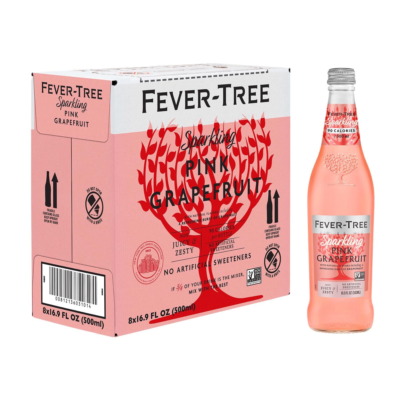 Fever-Tree Sparkling Pink Grapefruit - Premium Quality Mixer - Refreshing Beverage for Cocktails & Mocktails. Naturally Sourced Ingredients, No Artificial Sweeteners or Colors - 16.9 Fl Oz Bottles - Pack of 8