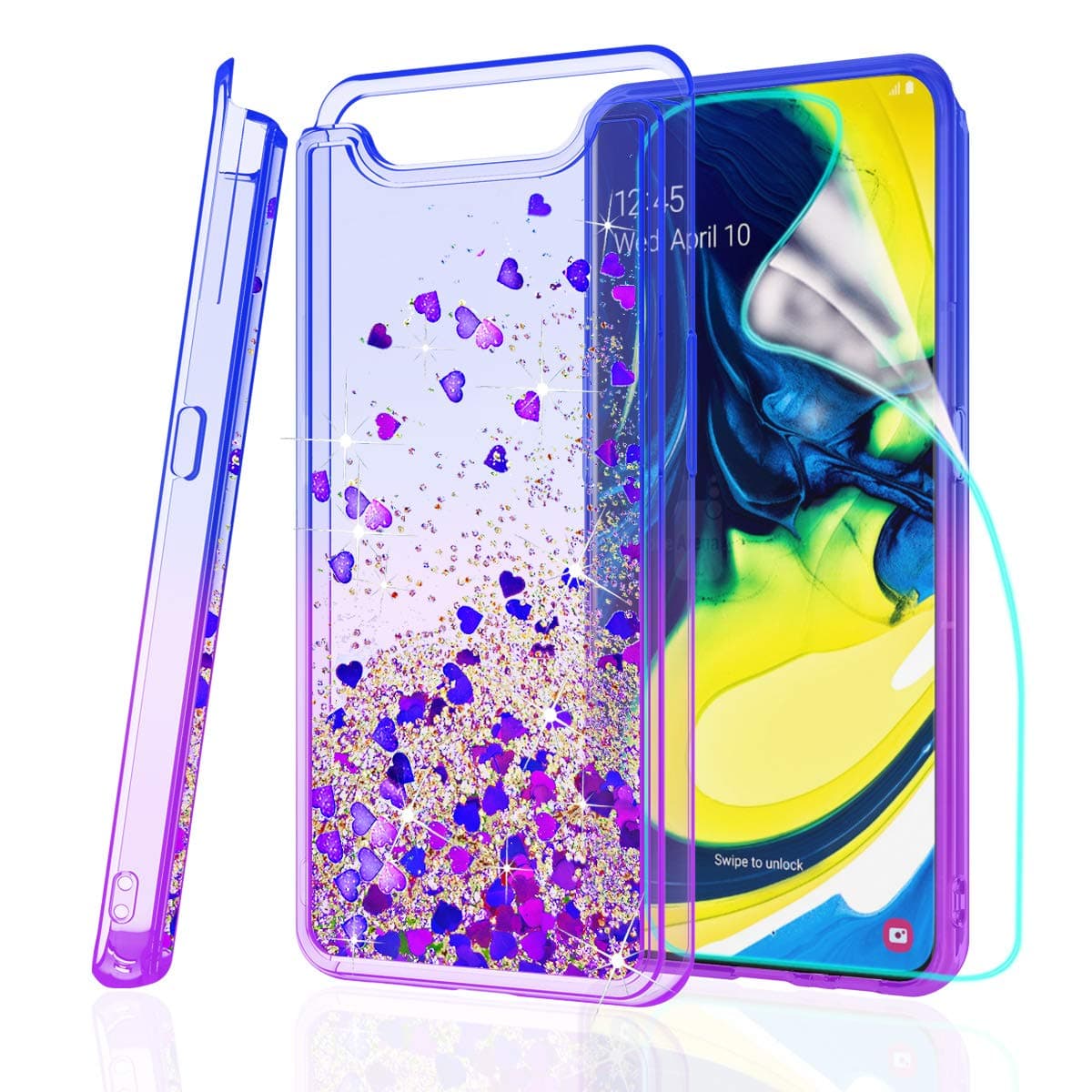 ZingCon Compatible for Samsung Galaxy A80 Phone Case,A90 Glitter Quicksand Case & HD Screen Protector,Shockproof Bling Adorable Shine Waterfall Floating Protective Cover-Blue/Purple