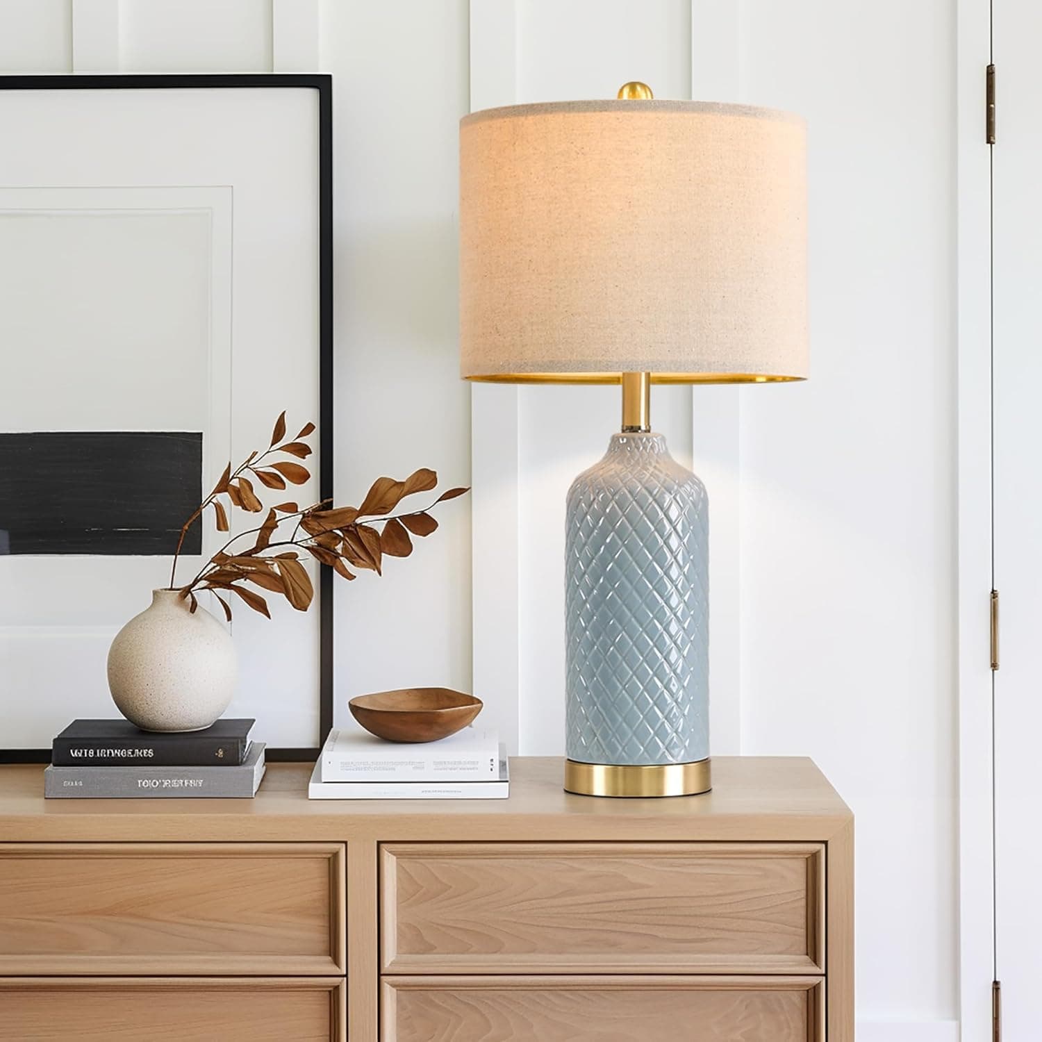 24.25" Table Lamp Modern Ceramic Blue Lamps for Living Room Bedroom Boho Bedside Table Lamps for Night Stands Nightstand Lamp Coastal Side End Table Lamps Reading Light Home Office Dorm Deco Gifts