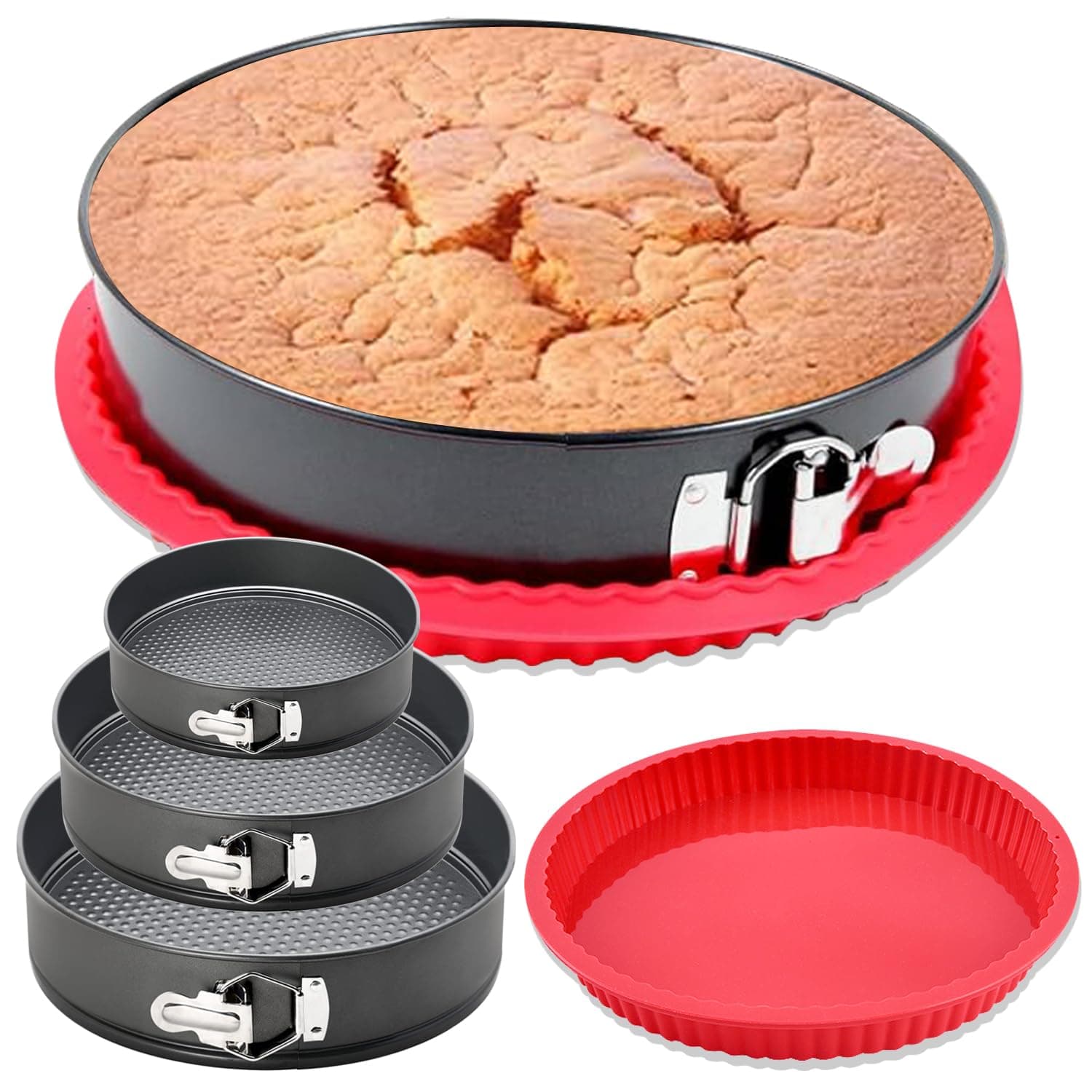 Springform Tin Set of 4 Round Cake Baking Tins with Removable Bottom Cheesecake Pan Leakproof Springform Tin Protector 26 CM Bakeware for Cake, Cheesecakes, Pizza (12/18/22 CM Springform Tins)