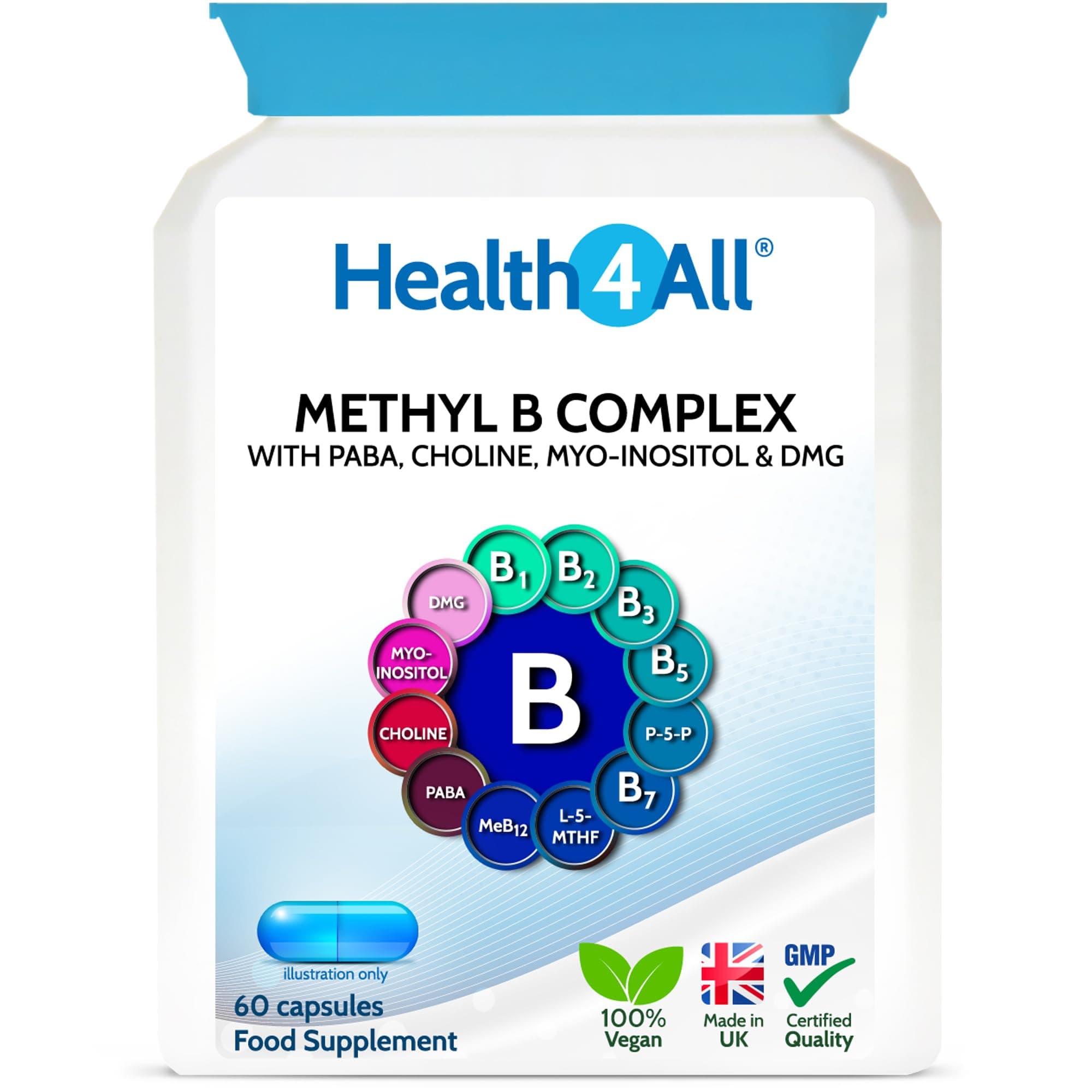 Health4All Methyl B Complex 60 Capsules (V) (not Tablets) with Methylcobalamin, Methyl Folate, P5P, Choline, Myo-Inositol, DMG and PABA for Stress Support, Energy and methylation. Made in UK