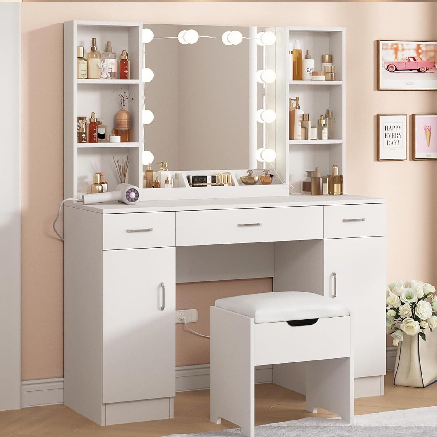Vabches Makeup Vanity Desk with Mirror and Lights, 3 Lighting Colors, White Vanity Set Makeup Dress Table, Large Vanity with 3 Drawers, 2 Cabinets and Storage Stool, 45.2in