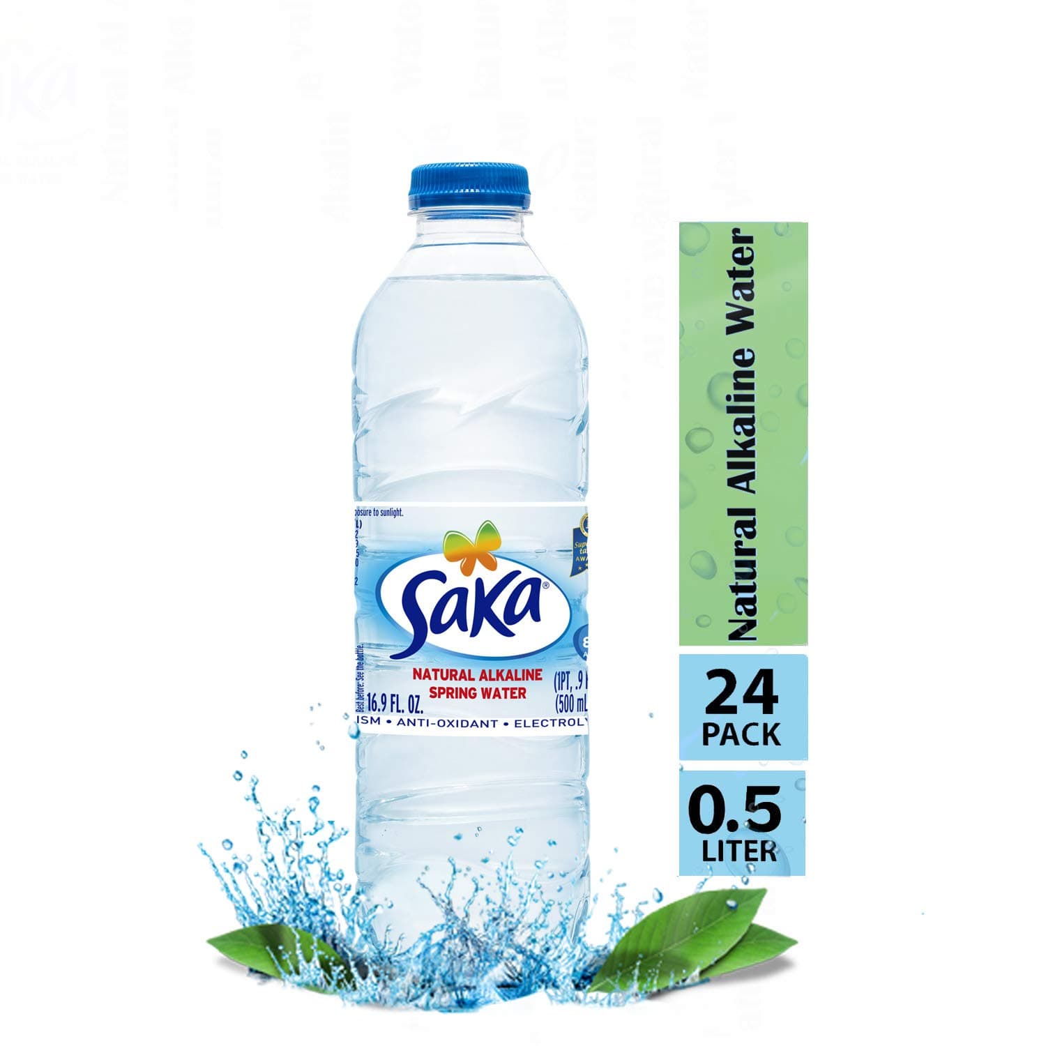 SAKA Spring Water Bottles; (24 Pack 16.9 Fl. Oz (24x 0.5L) Natural Alkaline Bottled Water; 8.22 pH Water; Electrolytes for Taste; Better Re-hydration; Pure Drinking Water