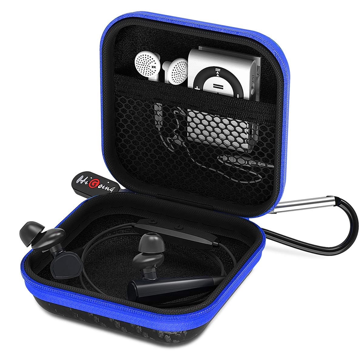 Earbud Case, HiGoing Mini Earphone Case EVA Hard Protective Carrying Case Travel Portable Pouch Storage Bag for Earset & Mini Items (Square Case with Carabiner)