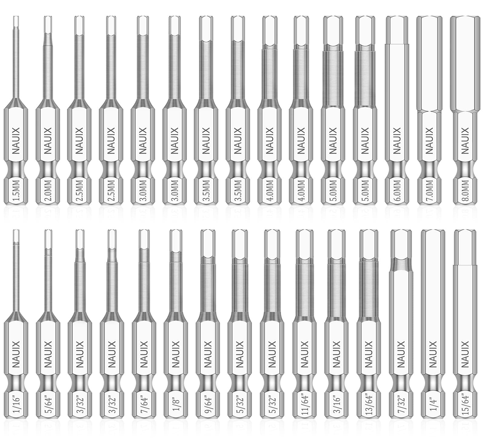30 Piece Hex Head Allen Wrench Drill Bit Set, 1/4 Inch Shank Metric and SAE S2 Steel Hex Bit Set, Magnetic Tips 50mm Long (SAE+METRIC BITS)