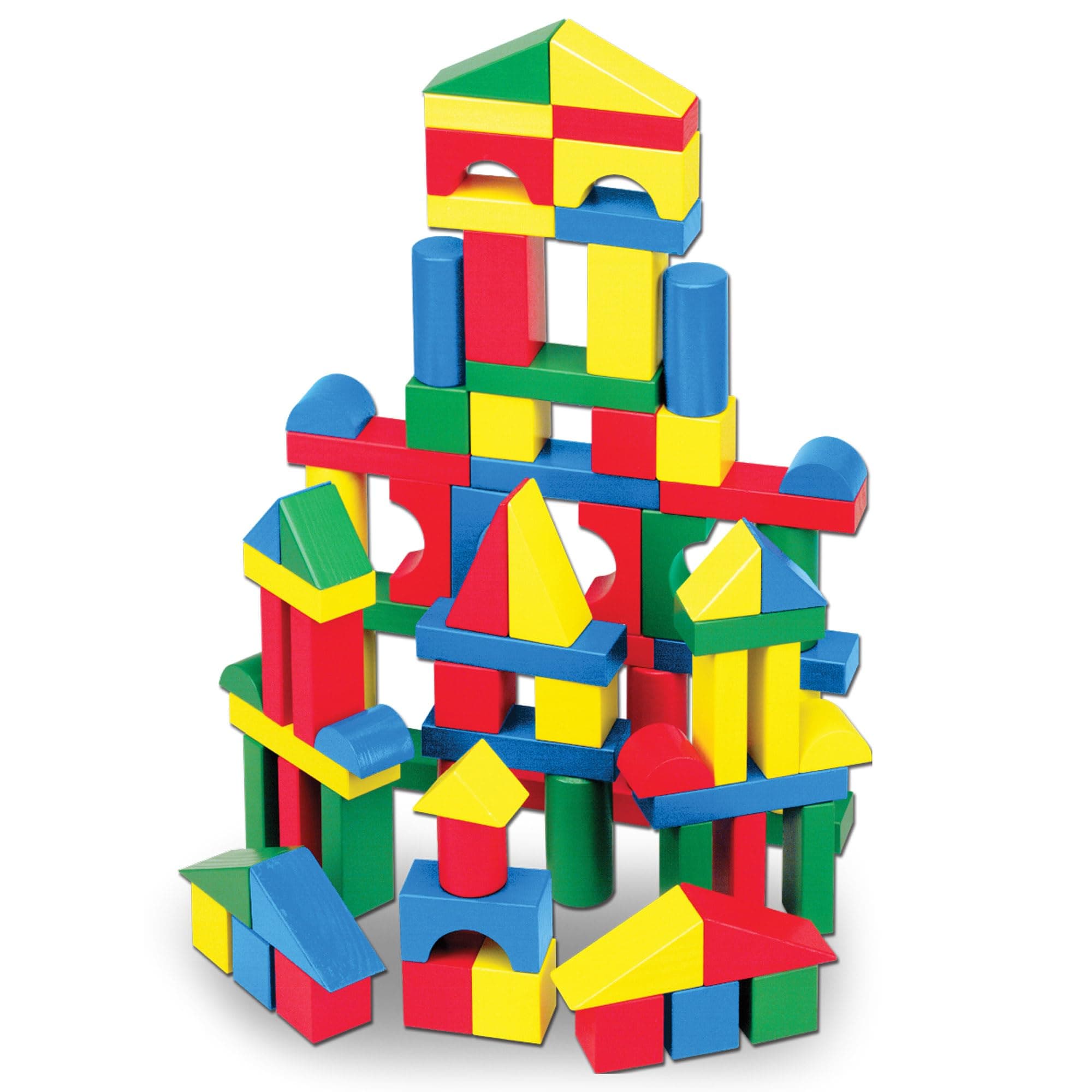 Wooden Building Blocks, 100-Piece Set of Sorting & Stacking Toys in 4 Colors and 9 Shapes, Classic Toddler Toys for Girls & Boys Ages 2+ - FSC Certified