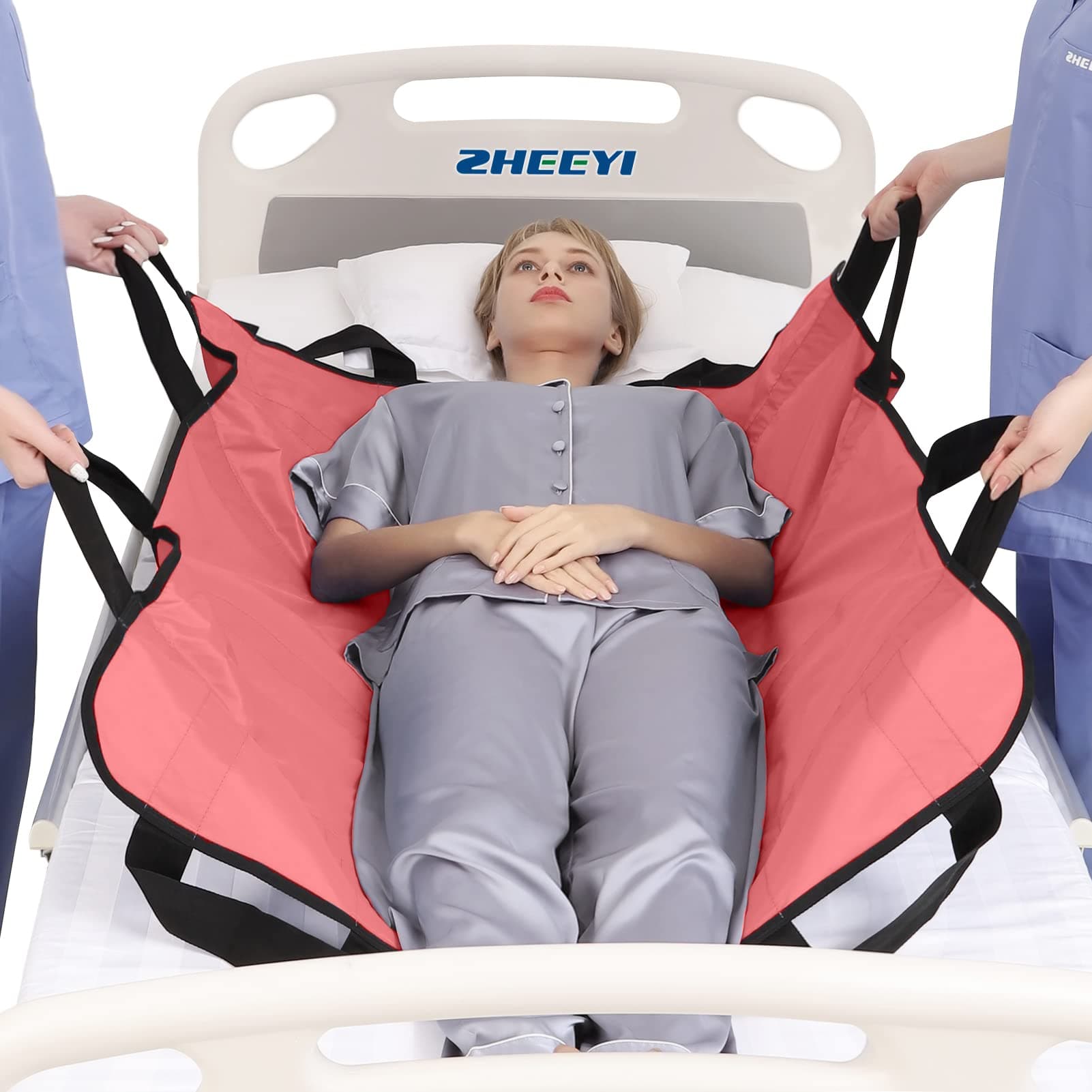 Multipurpose 43" x 36" Positioning Bed Pad with Reinforced Handles - Reusable & Washable Transfer Sheet for Turning, Lifting & Repositioning - Double-Sided Nylon Fabric, Pink