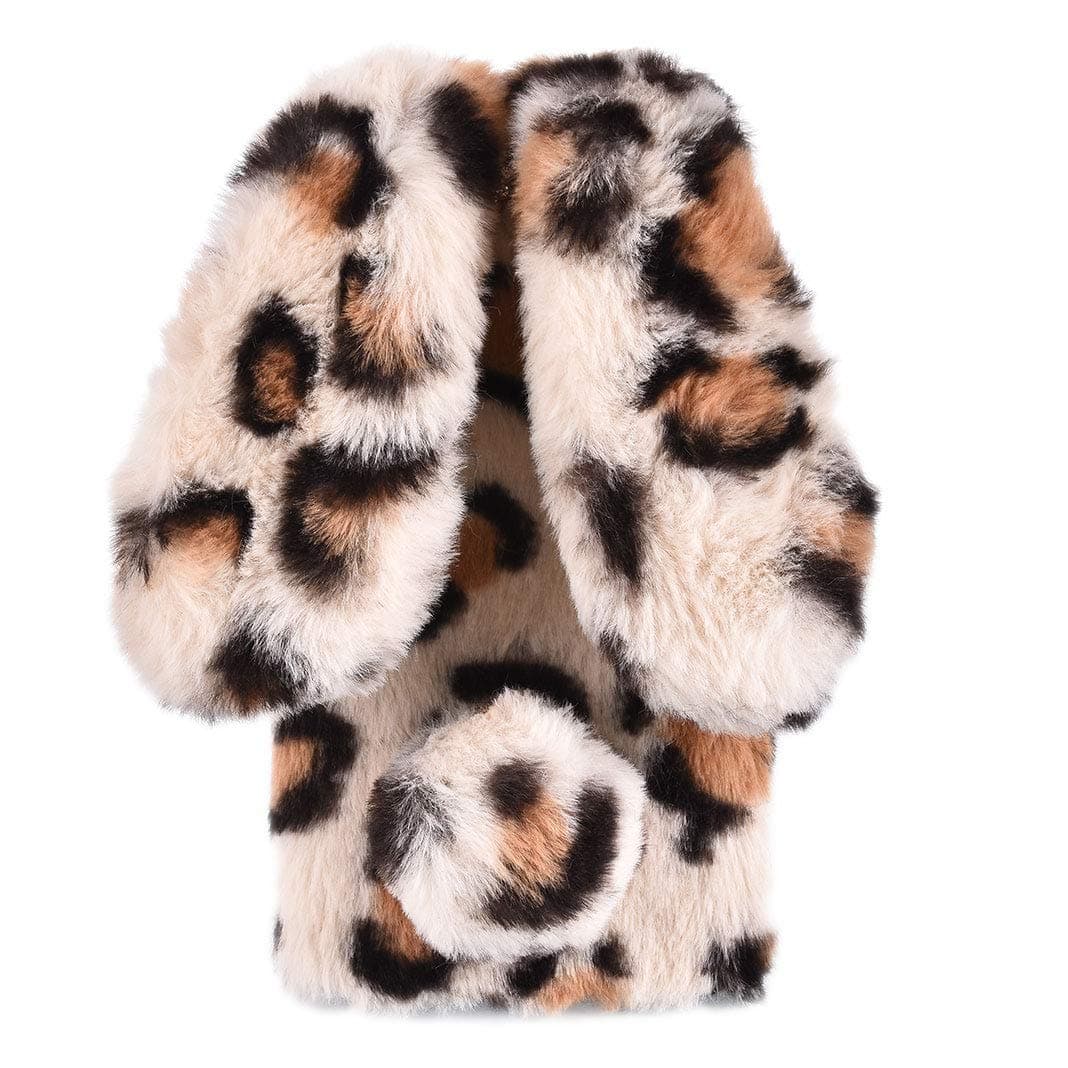 King phone Plush Rabbit Cover for iPhone XR Fluffy Rabbit Case Fashion Cute Case Bunny Ears Cover Super Soft Warm Furry Rabbit Shockproof Back Shell, White Leopard