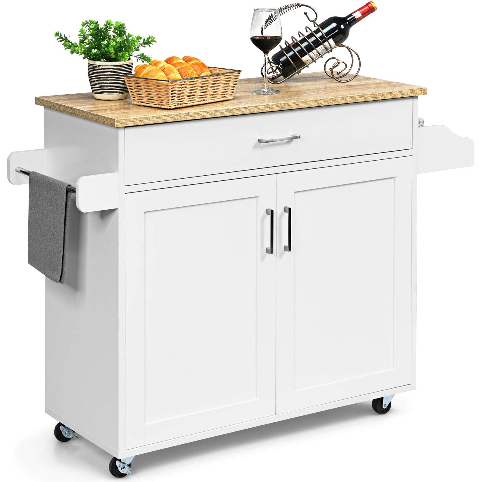 Kitchen Storage Trolley, Rolling Kitchen Island with Adjustable Shelf and Large Drawer, Home Restaurant Dining Room Organiser Sideboard Cupboard Cabinet Cart (White, 116 x 40 x 85cm)
