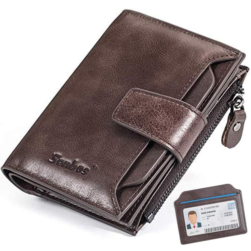Wallet Mens, RFID Blocking Genuine Leather Wallet for Men with 18 Credit Card Slots, 2 Banknote Compartments, 1 Zipper Pocket and Removable ID Card Holder, Classic Vertical Wallet with Gift Box