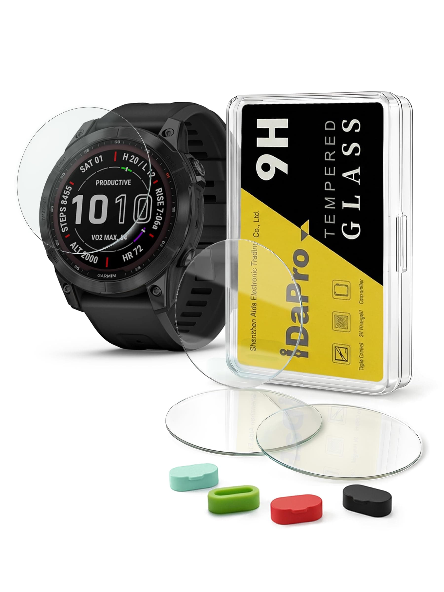 iDaPro 4+4Pack Screen Protector for Garmin Fenix 7 Solar/Sapphire Solar with Silicone Anti-dust Plugs,9H Tempered Glass Protection Kit in Reusable Storage Case,Anti-Scratch,Bubble-Free Installation