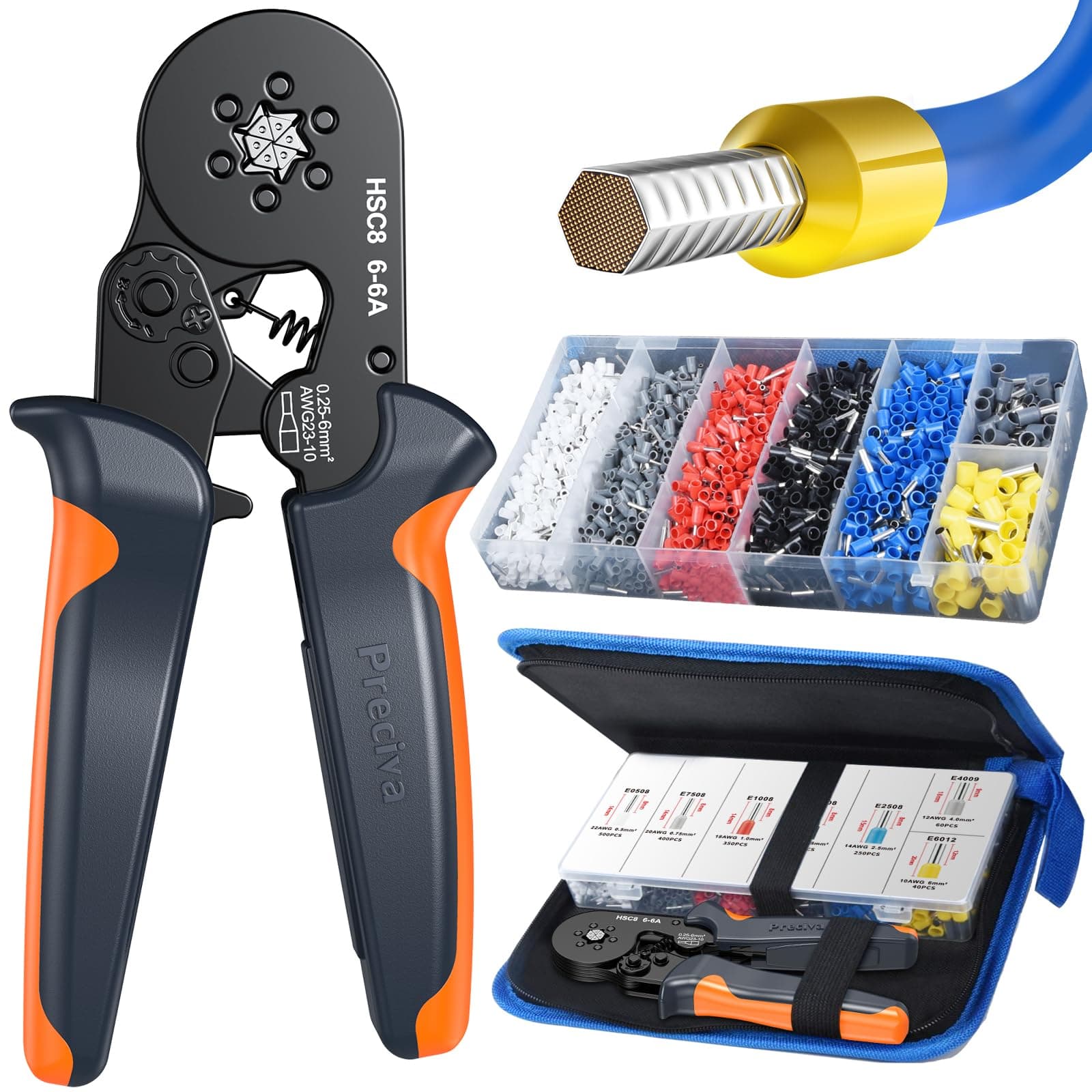 Preciva Ferrule Crimping Tool Kit with 1900PCS Wire Connectors, Hexagonal AWG23-10 Sawtooth Self-Adjustable Ratchet Wire Terminals Crimper Kit