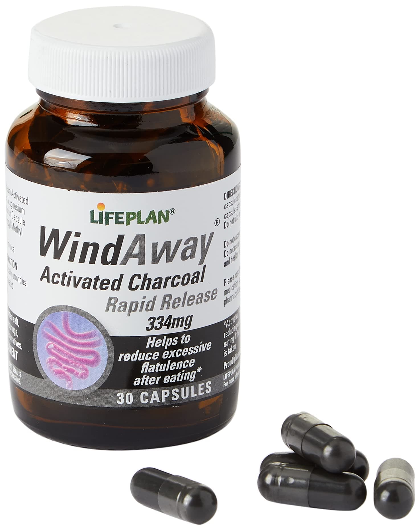 Lifeplan WindAway Rapid Release Activated Charcoal 334mg Supplement — (30 Capsules) — to Help Reduce Excess Flatulence