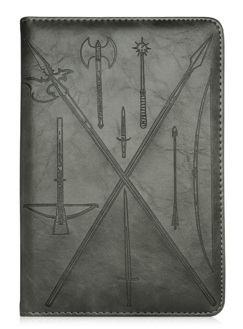 Medieval Weapons Writing Journal by SohoSpark, Refillable Faux Leather, Lined Personal Diary for Travel, 6x8.75 Notebook for Writers. Fountain pen safe with lay-flat binding.