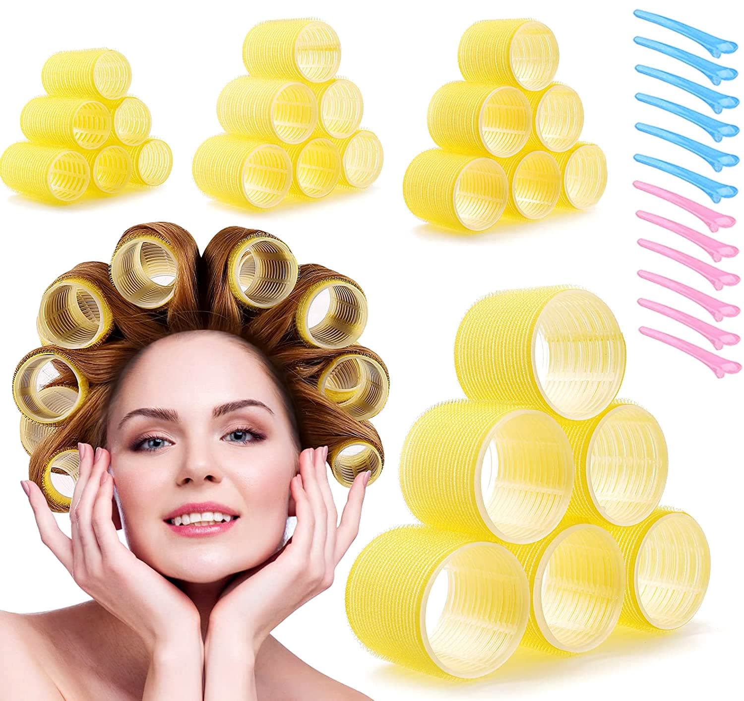 Premify 36Pcs Jumbo Hair Rollers Set, 24 Pcs Self Grip Large Hair Rollers & 12 Pieces Duckbill Sectioning Clips, 64mm, 50mm, 40mm, 30mm Rollers for Salon, Barber Hairdressing Hair Styling Accessories