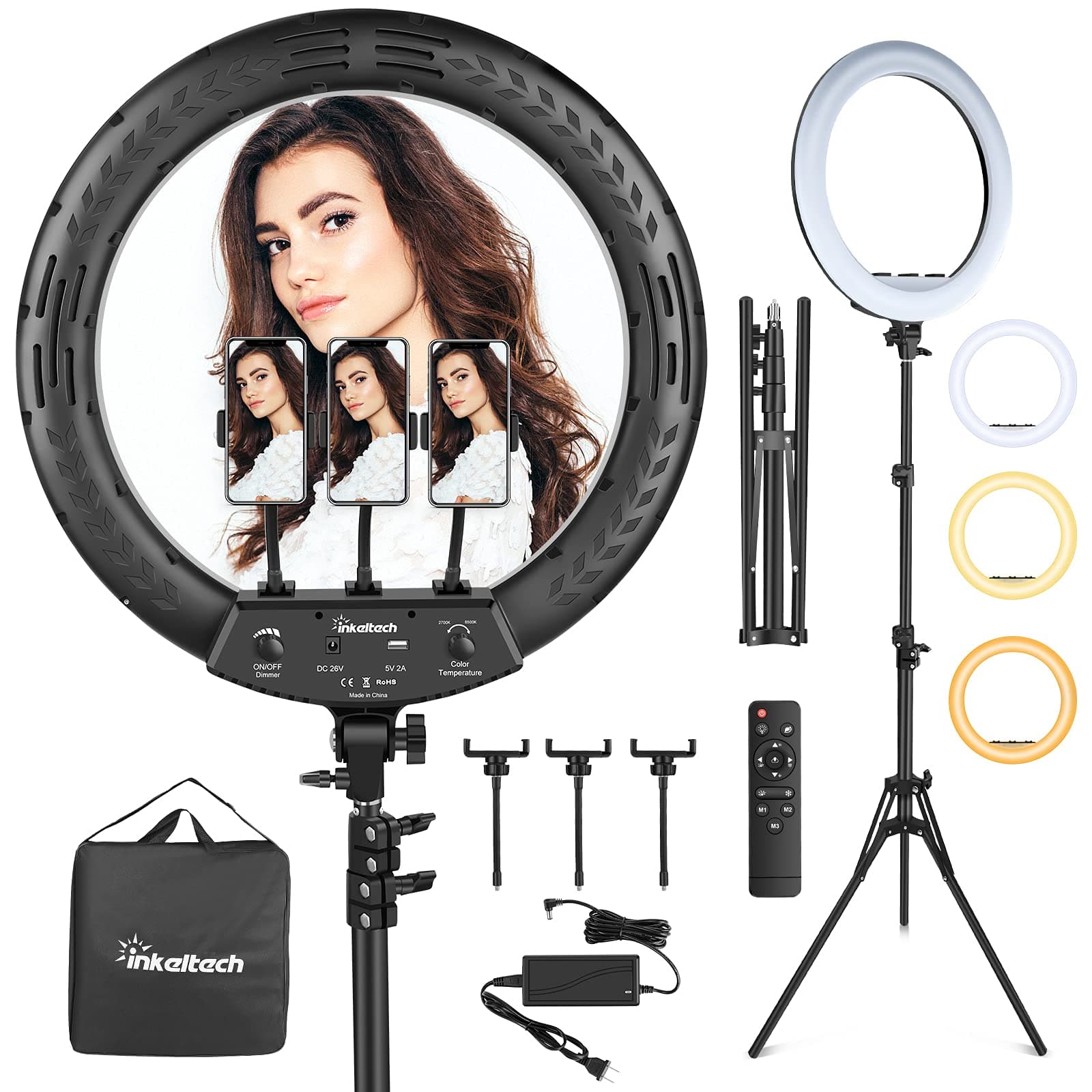 18” Ring Light with Tripod Stand & 3 Phone Holders, Dimmable LED Ring Light Kit, Adjustable 2700K-6500K Color Temperature Light Ring for Live Stream, You Tube Video, TikTok, Makeup Black