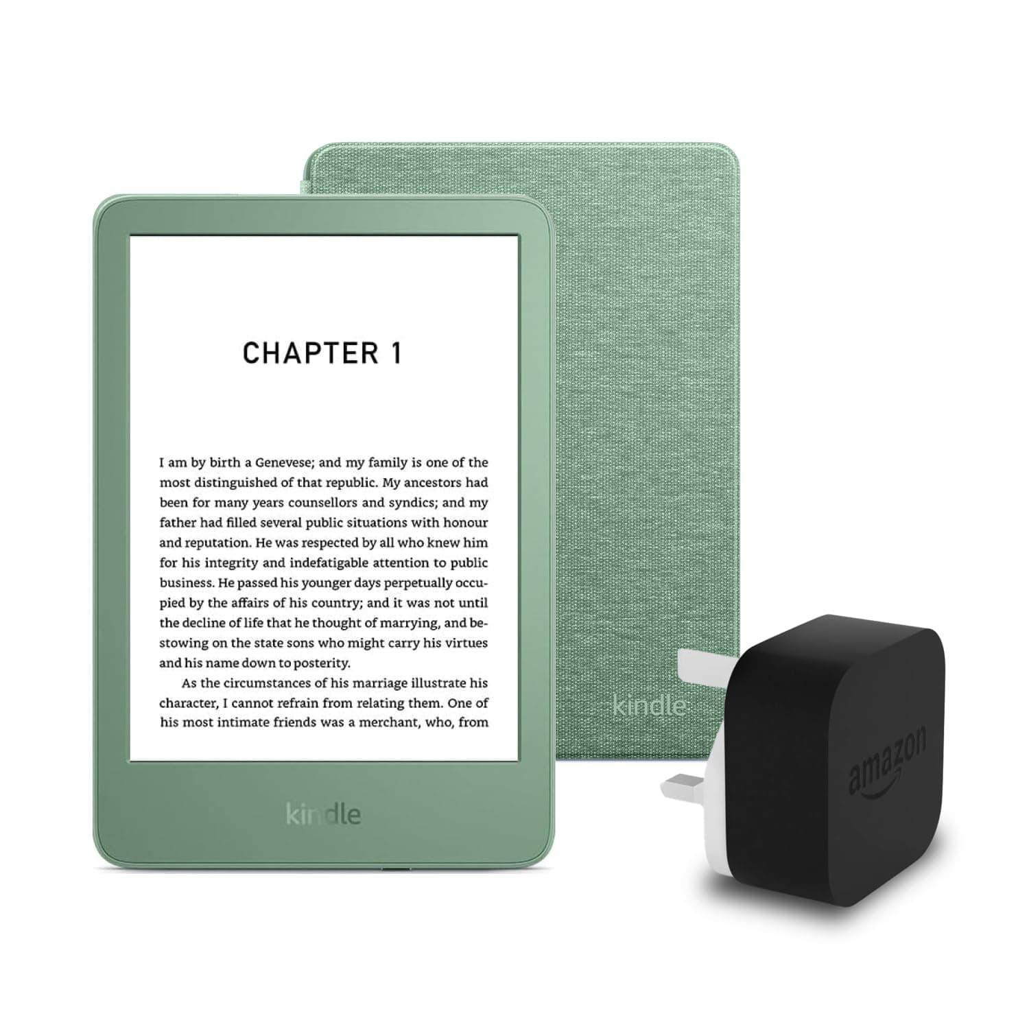 Kindle (2024 Release) 16 GB with ads, an Amazon Fabric Cover and an Amazon Powerfast 9W Power Adapter