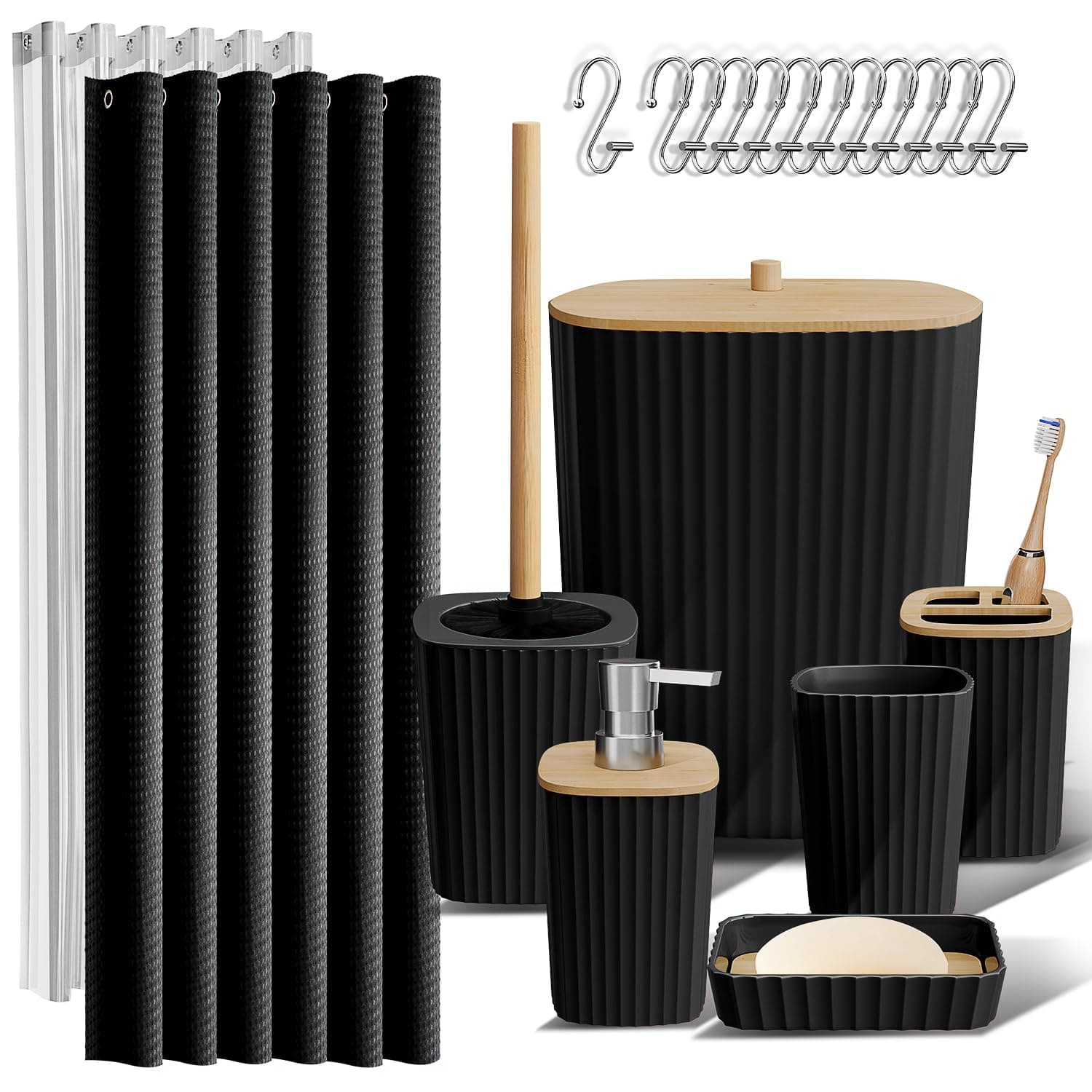 Clara Clark Bathroom Accessories Set - Bathroom Accessory Set with Shower Curtain Set, Toilet Brush, Trash Can & Soap Dispenser (Black, Complete Set)