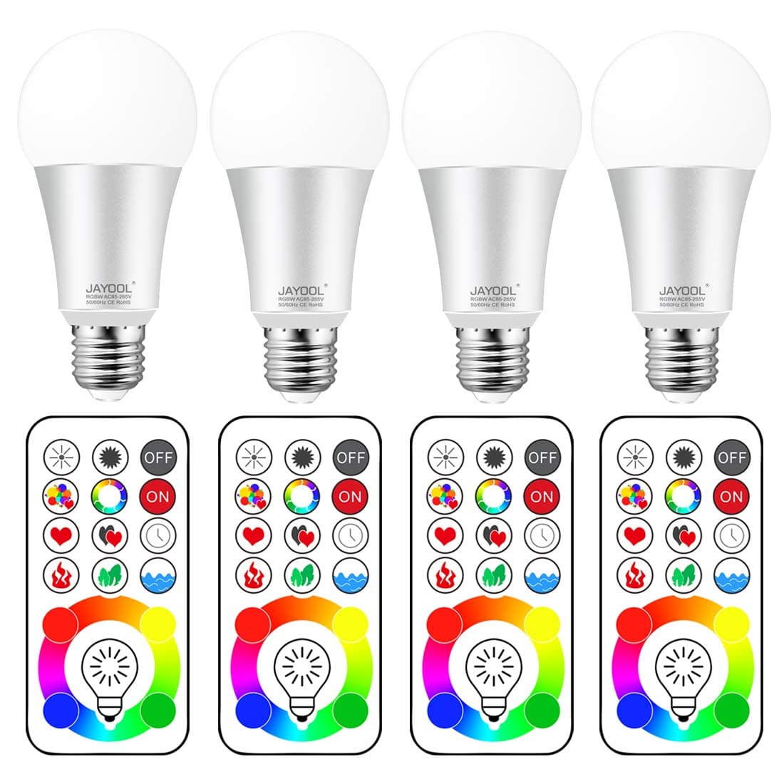 E26 Color Changing Light Bulb with Remote Control, 120 Color Choices and Timing, Dimmable, RGB+Daylight White(6000K) (4 Pack)