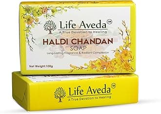 Life Aveda Haldi Chandan Soap | Turmeric & Sandalwood Extract for Radiant Skin | Aloe Vera & Glycerin for Hydration | Reduces Aging Signs & Even Skin Tone - 100g
