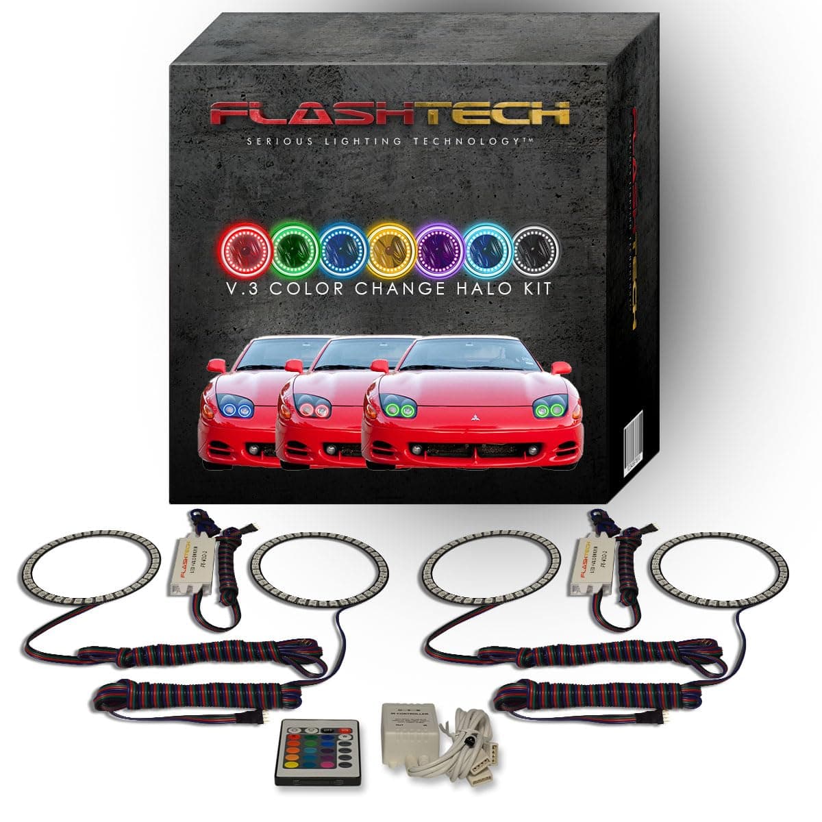 Flashtech V.3 Fusion Color Change LED RGB Multi Color Halo Ring Headlight Kit Compatible With Mitsubishi 3000GT 94-98