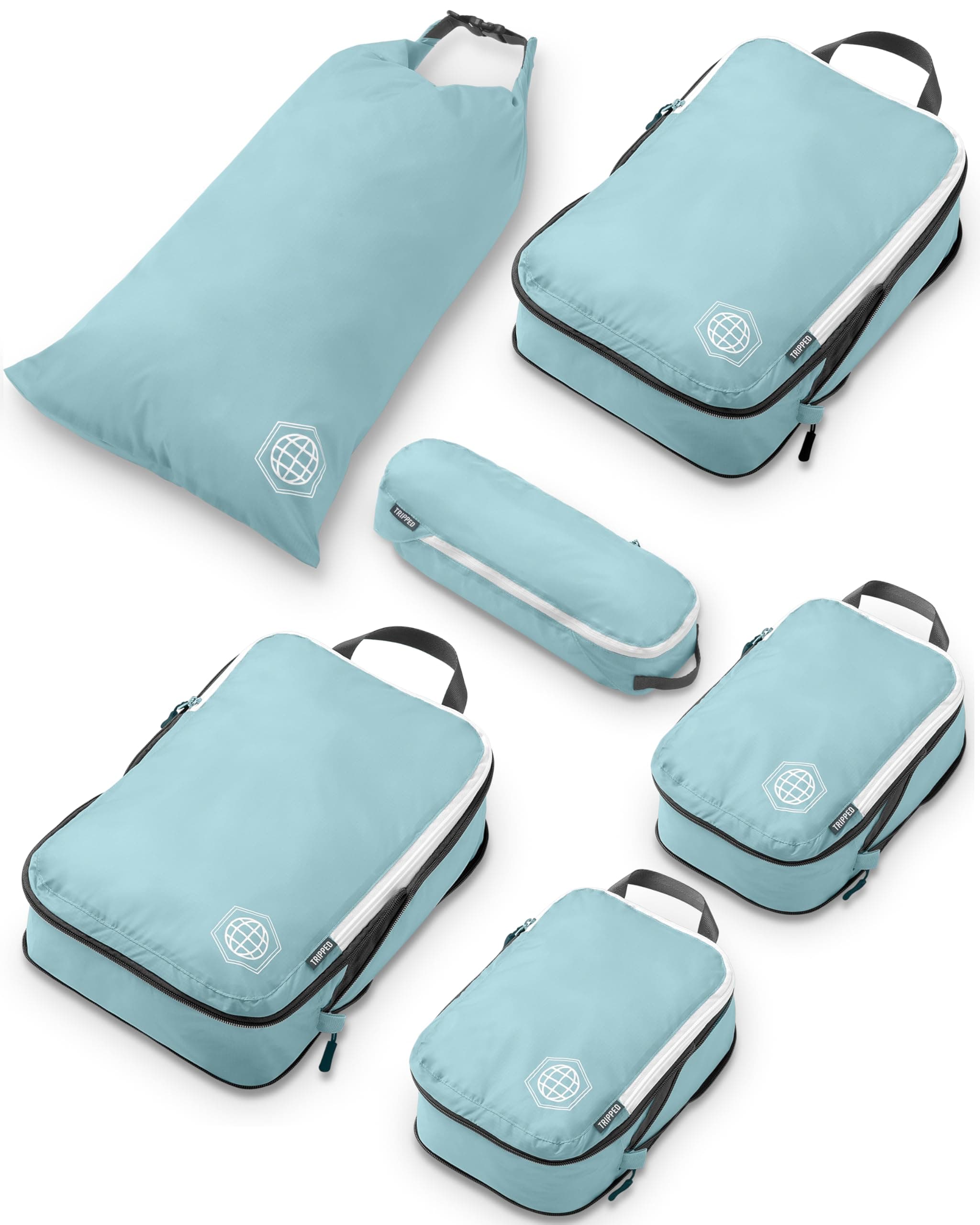 Compression Packing Cubes 6 Piece Set for Carryon Suitcases- Lightweight, Durable Clothes Organizer (Dusty Teal and White)